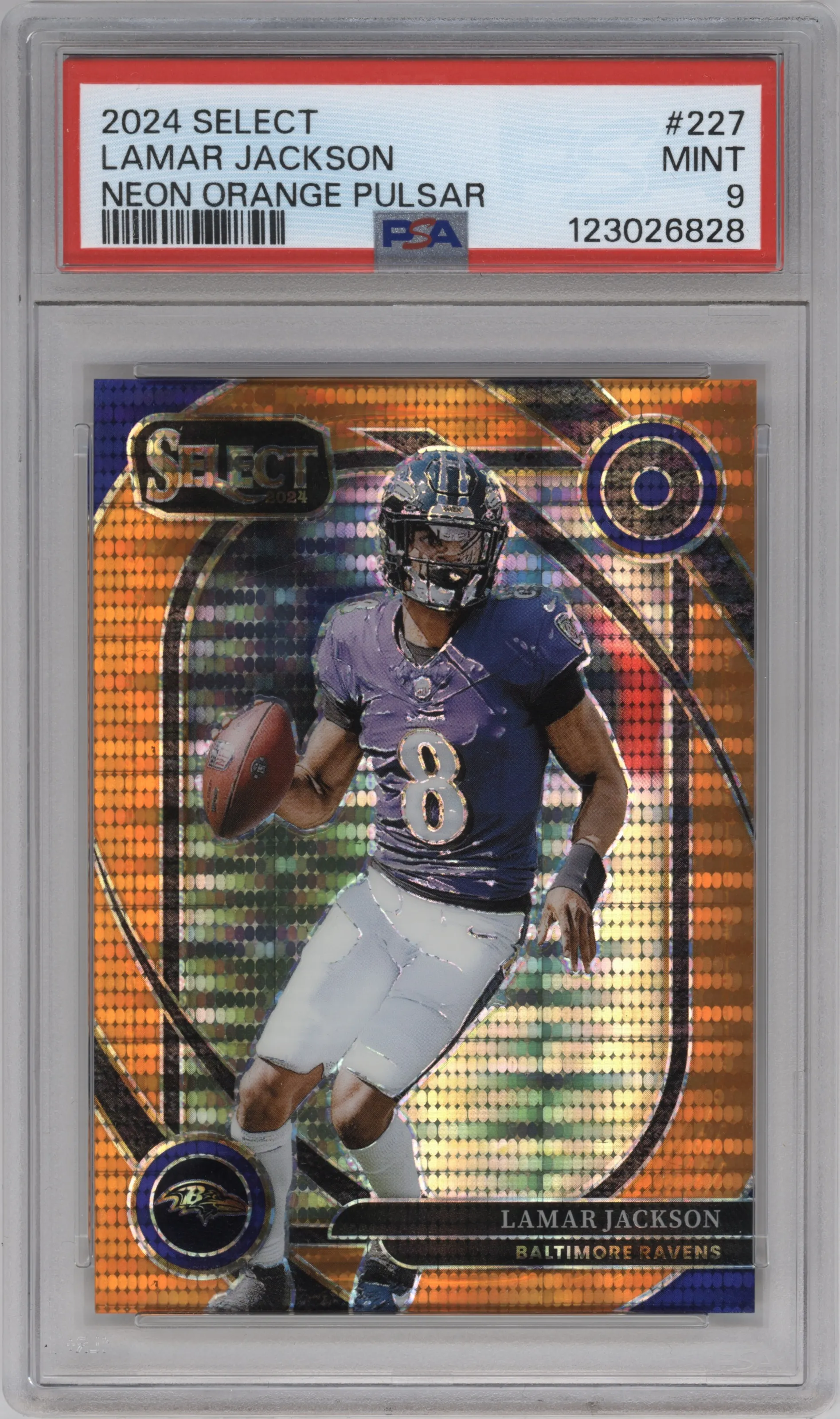 2024 Panini Select Club Lvl. Lamar Jackson Neon Orange Pulsar #227 PSA 9