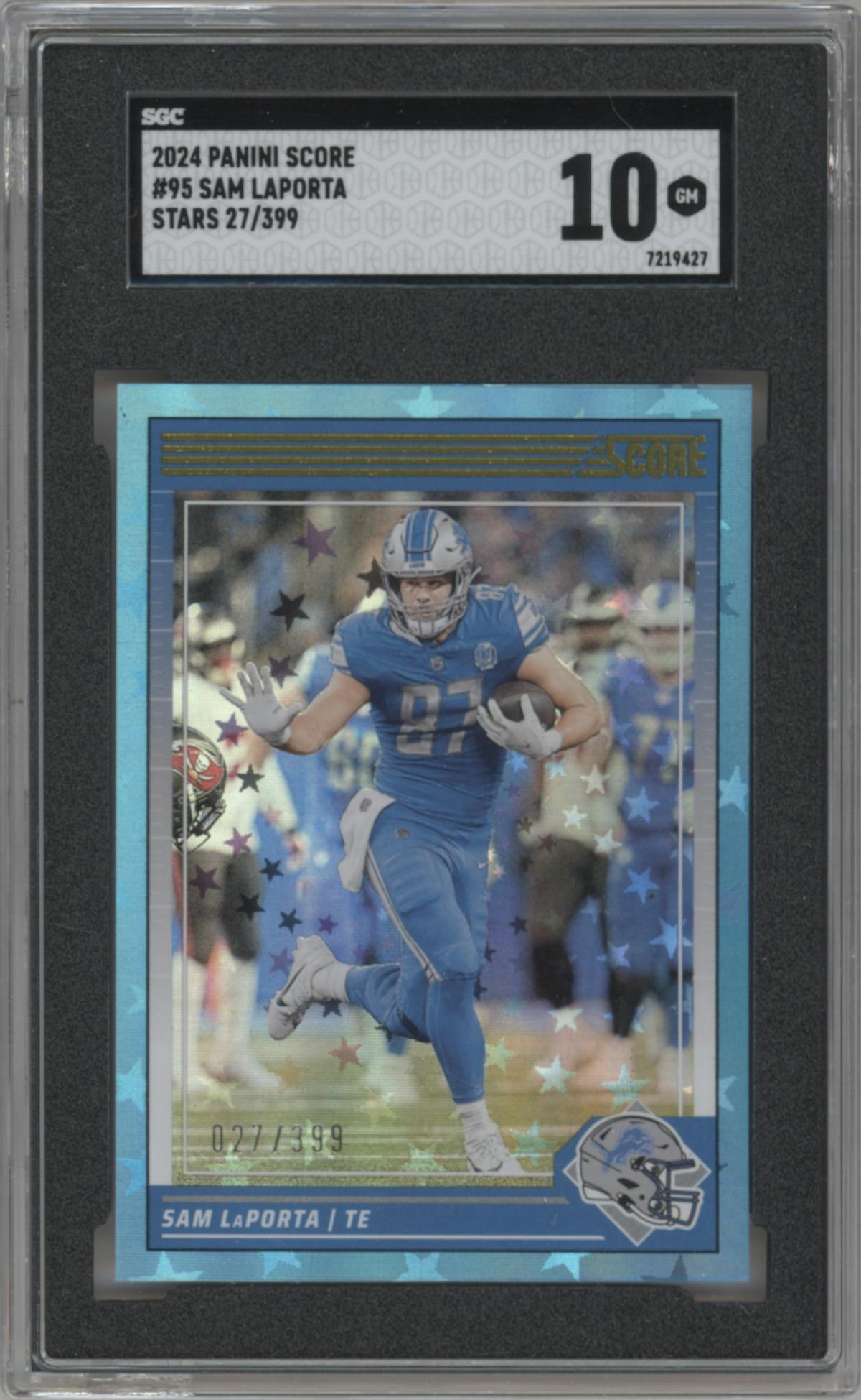 Sam LaPorta from the 2024 Panini Score set featuring a Stars parallel graded by SGC and given an overall grade of 10.