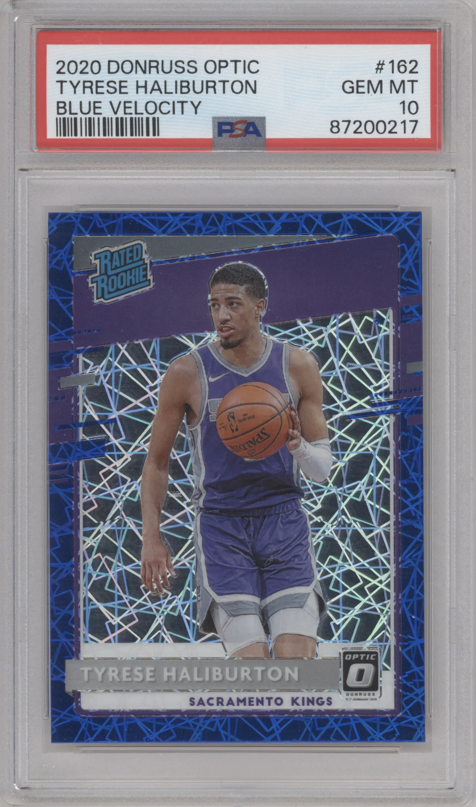 Tyrese Haliburton from the 2020-21 Panini Donruss Optic set featuring a Blue Velocity  parallel graded by PSA and given an overall grade of 10.