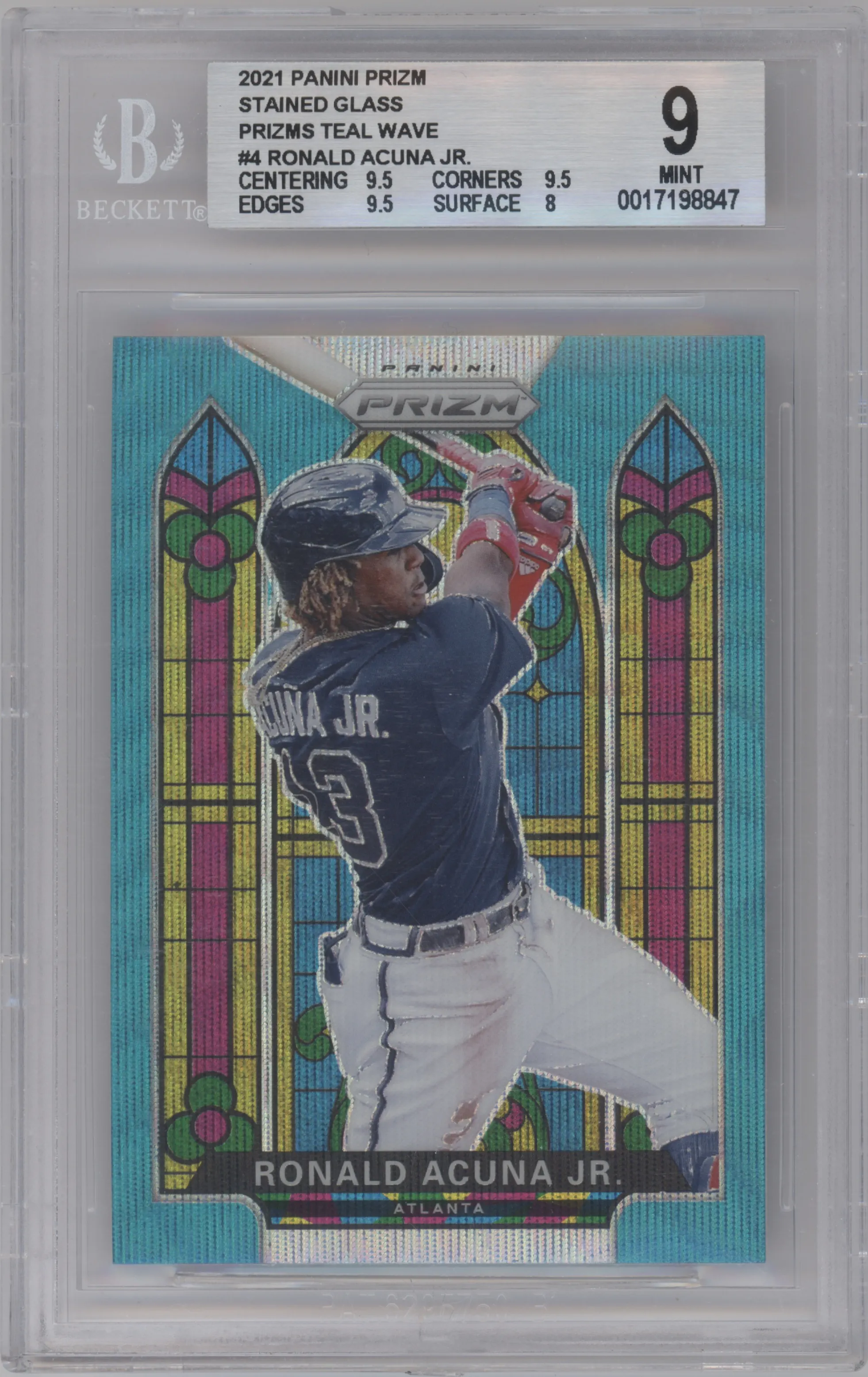 2021 Panini Prizm Stained Glass Ronald Acuna Jr. Teal Wave BGS 9