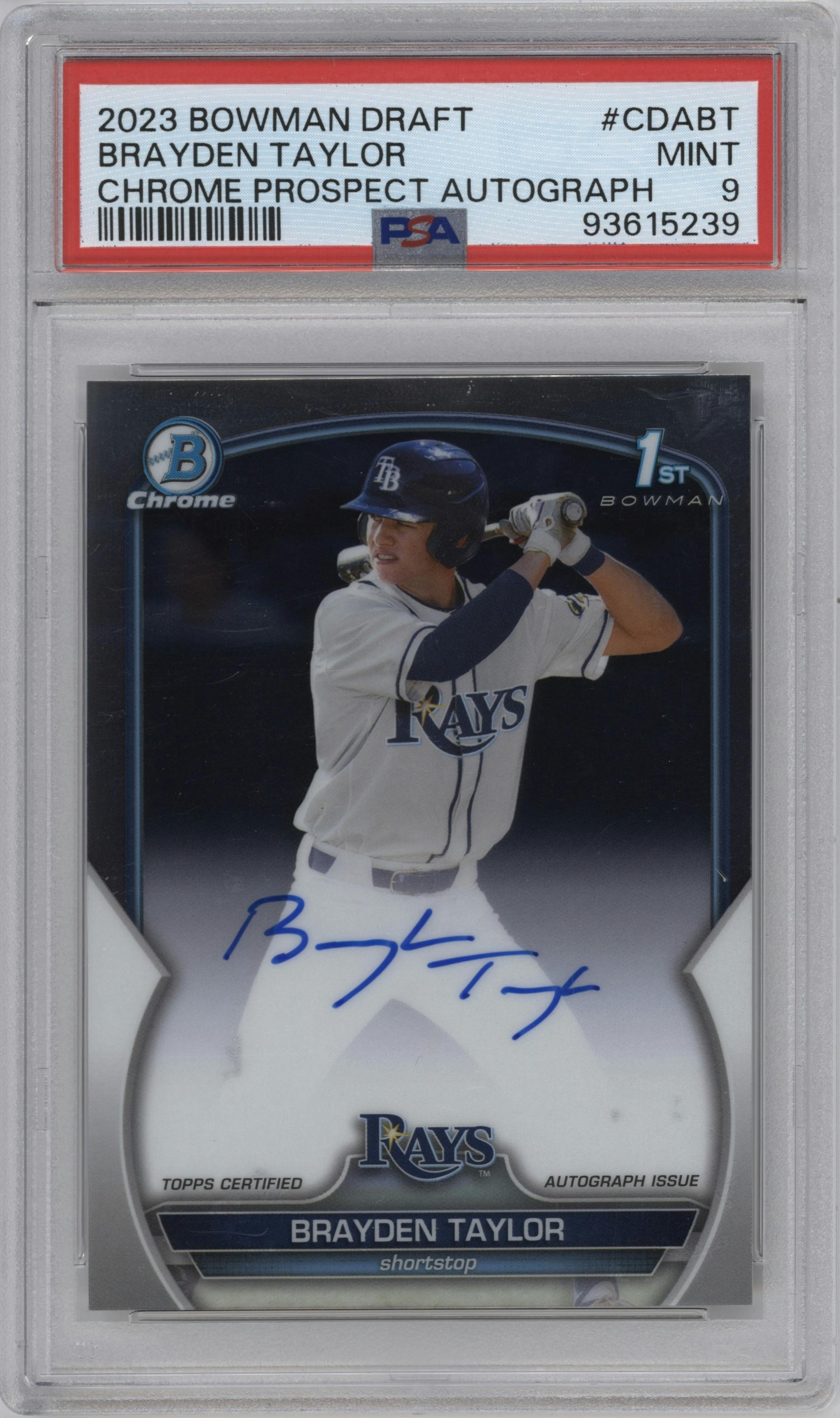 Brayden Taylor from the 2023 Bowman Draft set graded by PSA and given an overall grade of 9.
