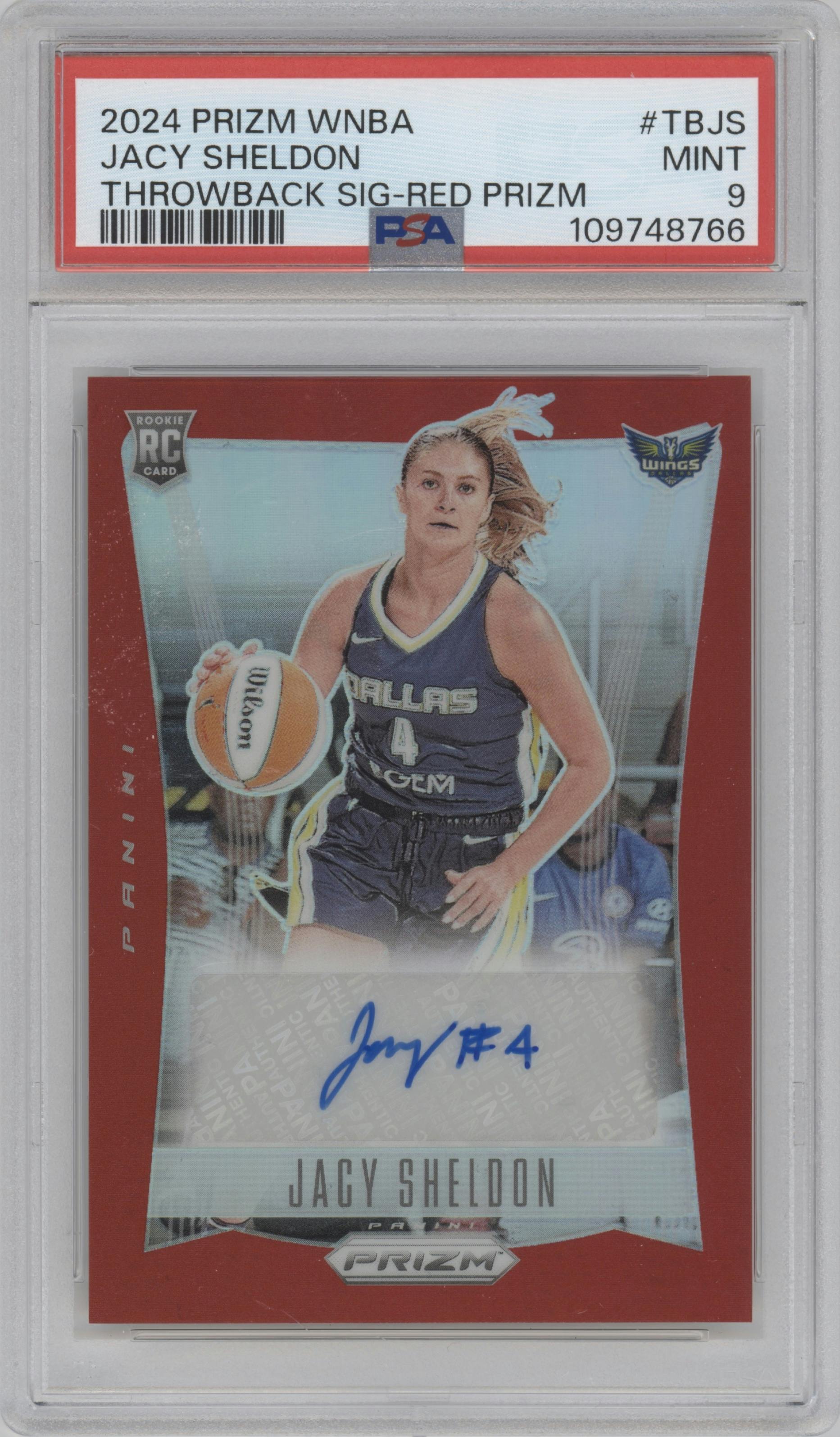 Jacy Sheldon from the 2024 Panini Prizm WNBA set featuring a Red Prizm  parallel graded by PSA and given an overall grade of 9.