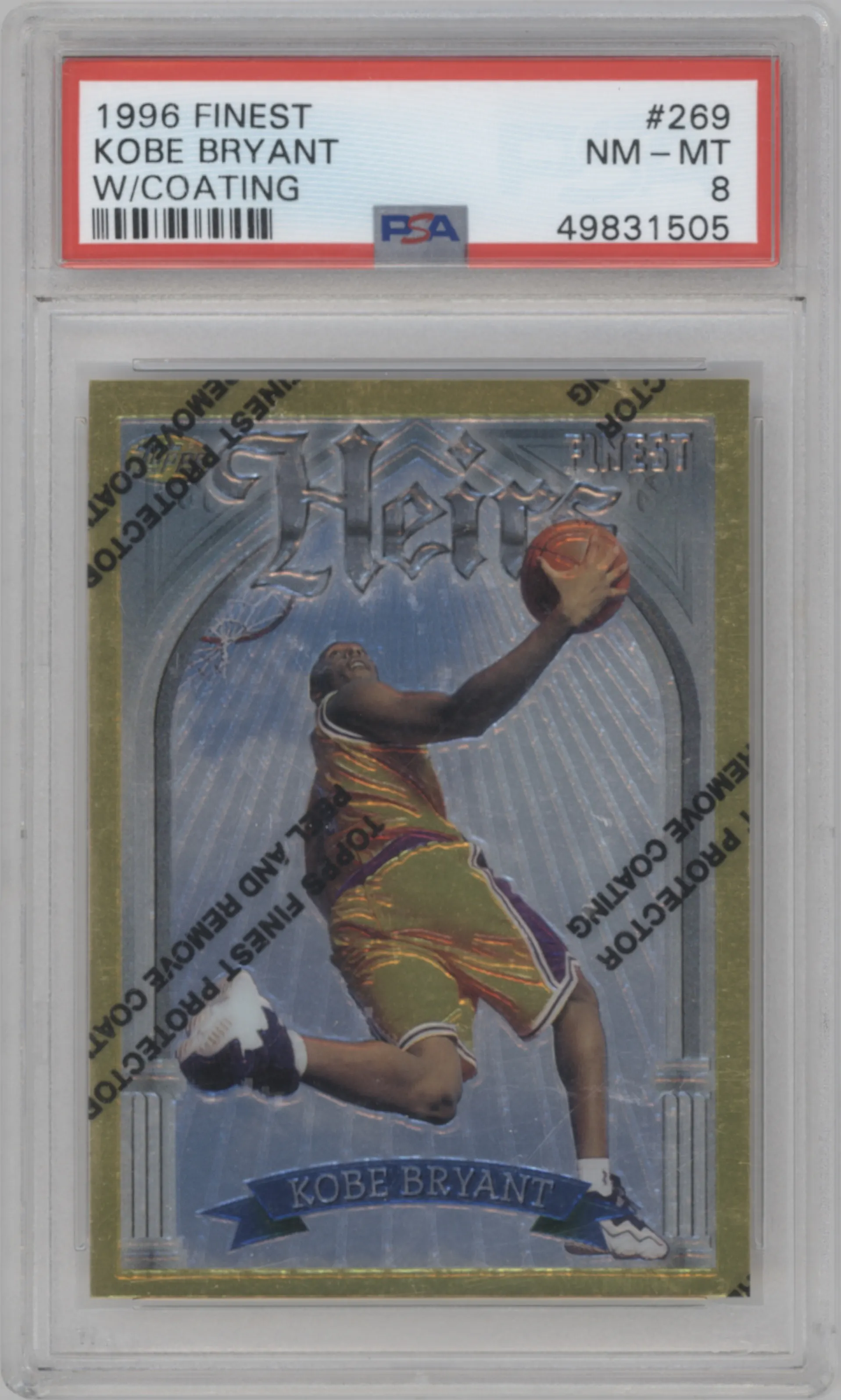 Kobe Bryant from the 1996-97 Topps Finest set featuring a W/ Coating parallel graded by PSA and given an overall grade of 8.
