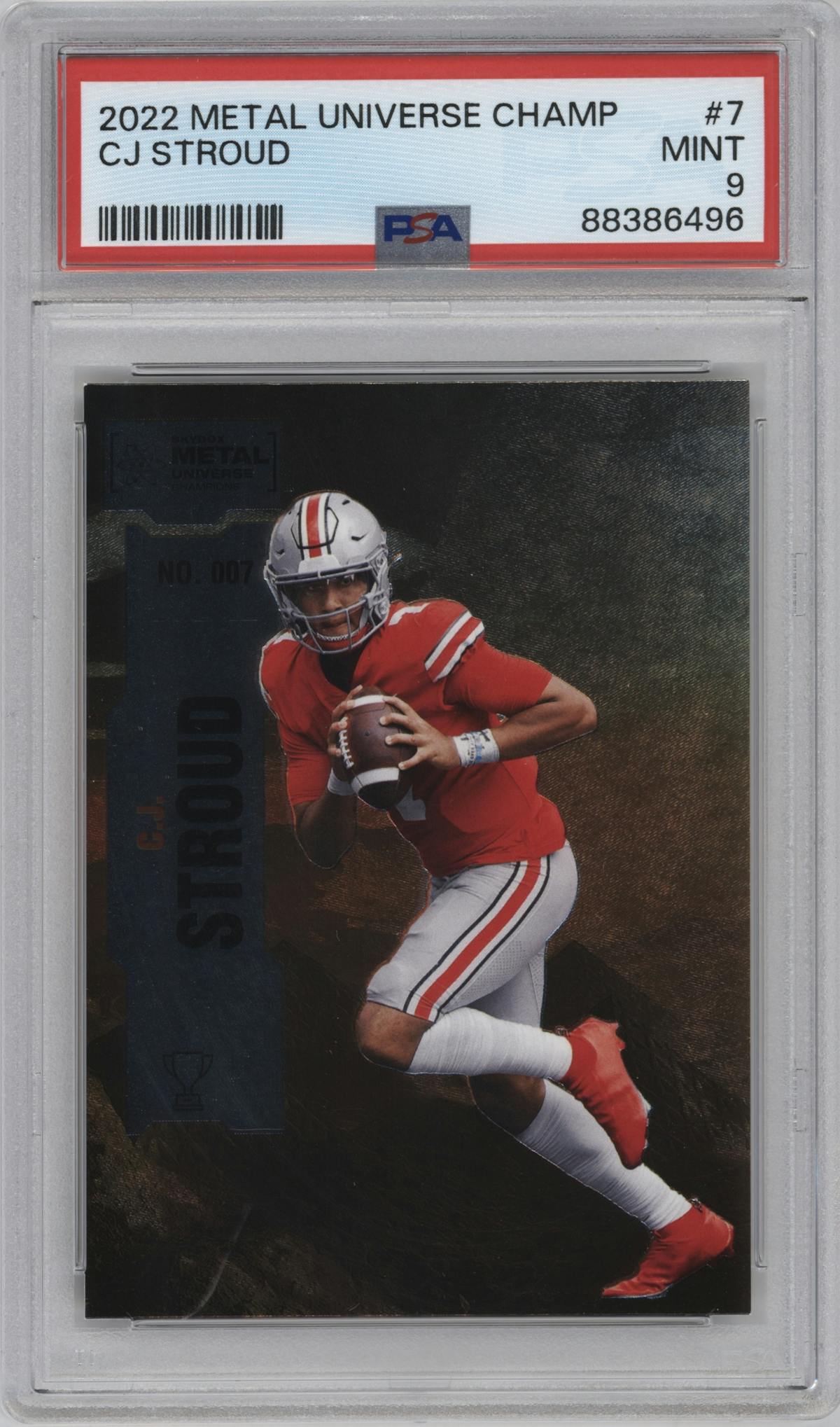 C.J. Stroud from the 2022 Skybox Metal Universe Champions Multi-Sport set graded by PSA and given an overall grade of 9.