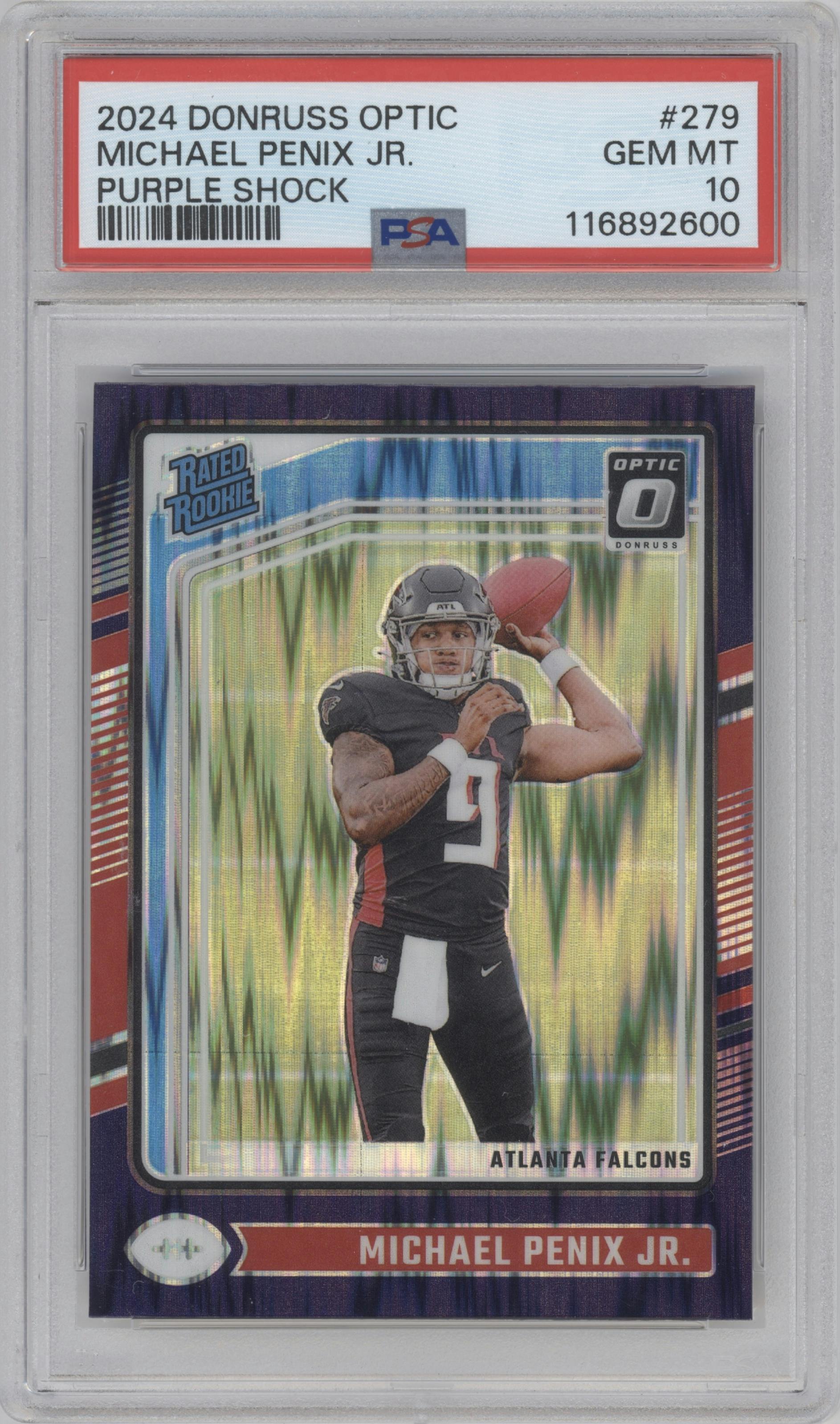 Michael Penix Jr. from the 2024 Donruss Optic set featuring a Purple Shock parallel graded by PSA and given an overall grade of 10.