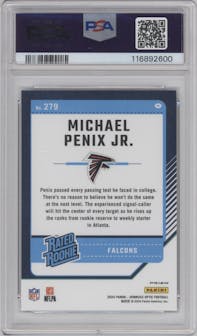 Michael Penix Jr. from the 2024 Donruss Optic set featuring a Purple Shock parallel graded by PSA and given an overall grade of 10.