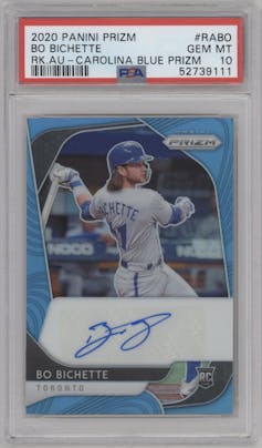 Bo Bichette from the 2020 Panini Prizm set featuring a Blue Prizm parallel graded by PSA and given an overall grade of 10.