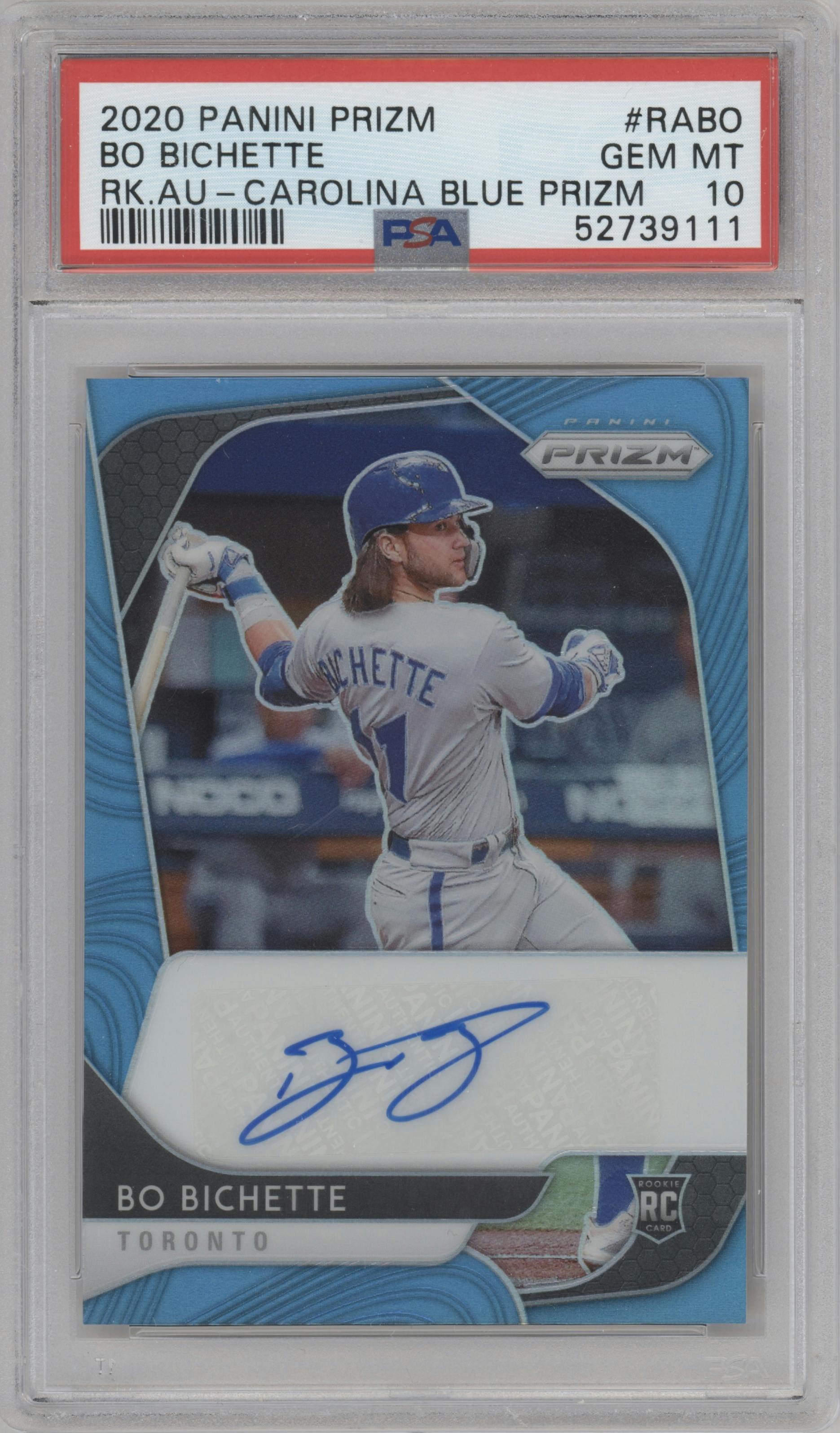Bo Bichette from the 2020 Panini Prizm set featuring a Blue Prizm parallel graded by PSA and given an overall grade of 10.