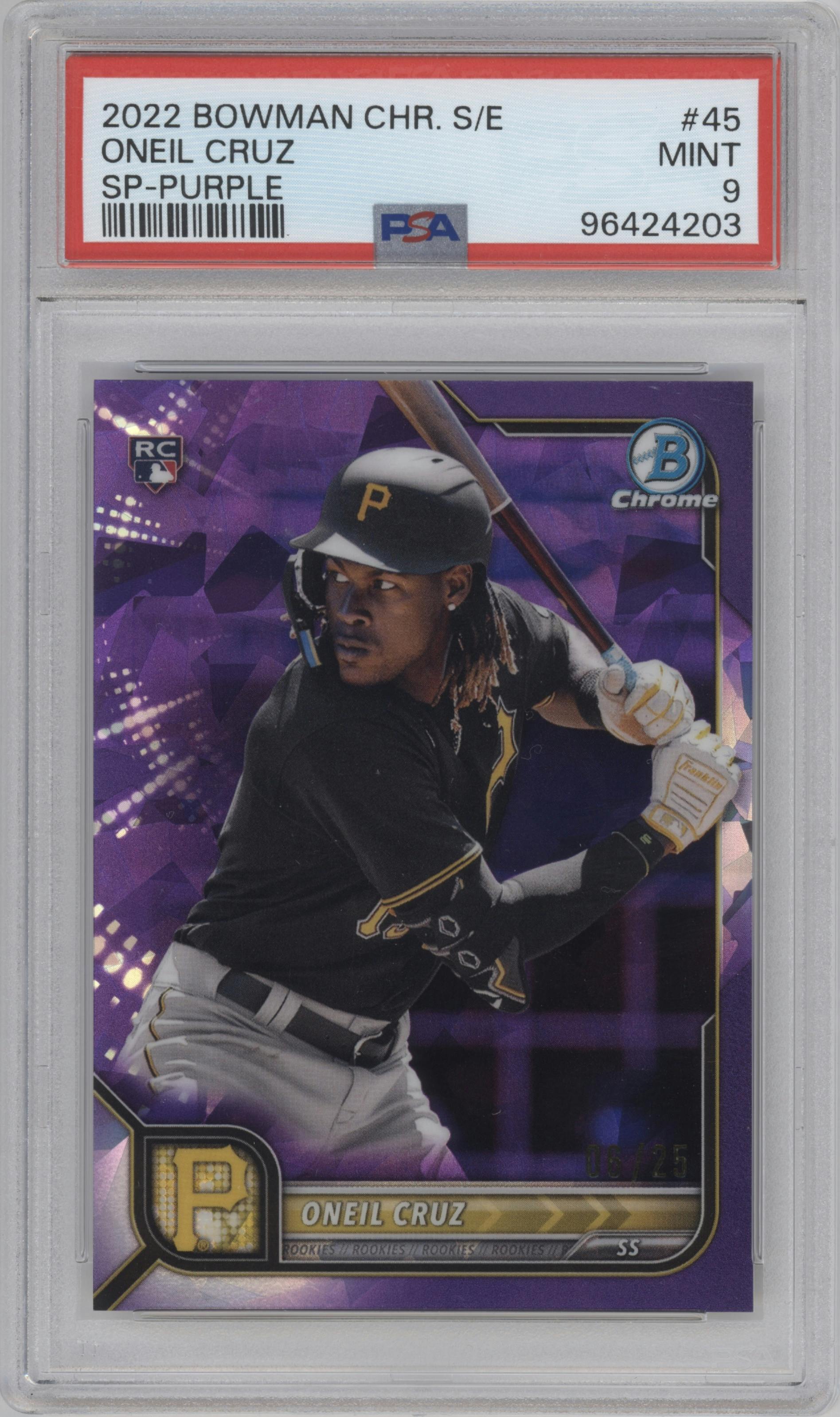 Oneil Cruz from the 2022 Bowman Chrome Sapphire Edition set featuring a Purple parallel graded by PSA and given an overall grade of 9.
