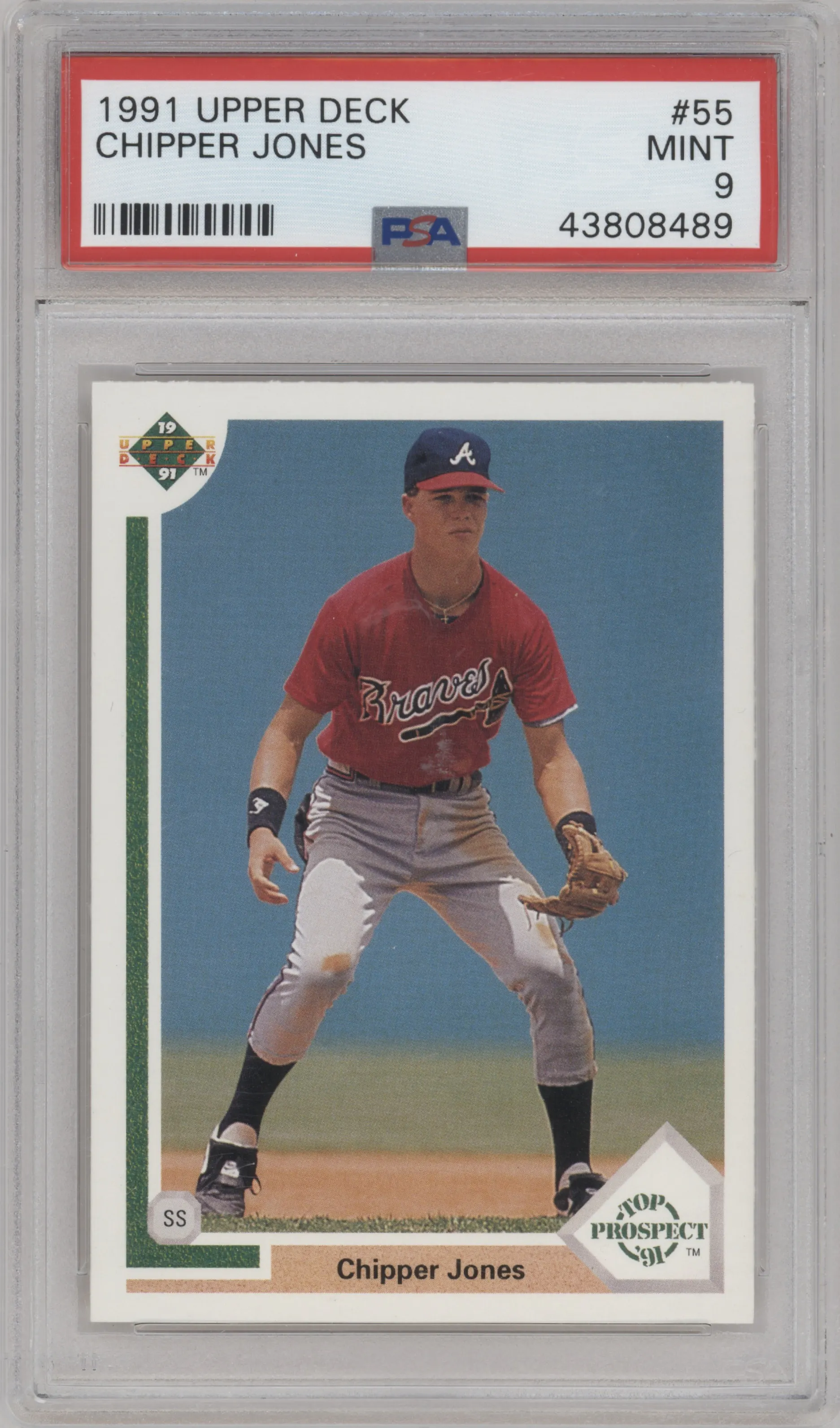 Chipper Jones from the 1991 Upper Deck set graded by PSA and given an overall grade of 9.
