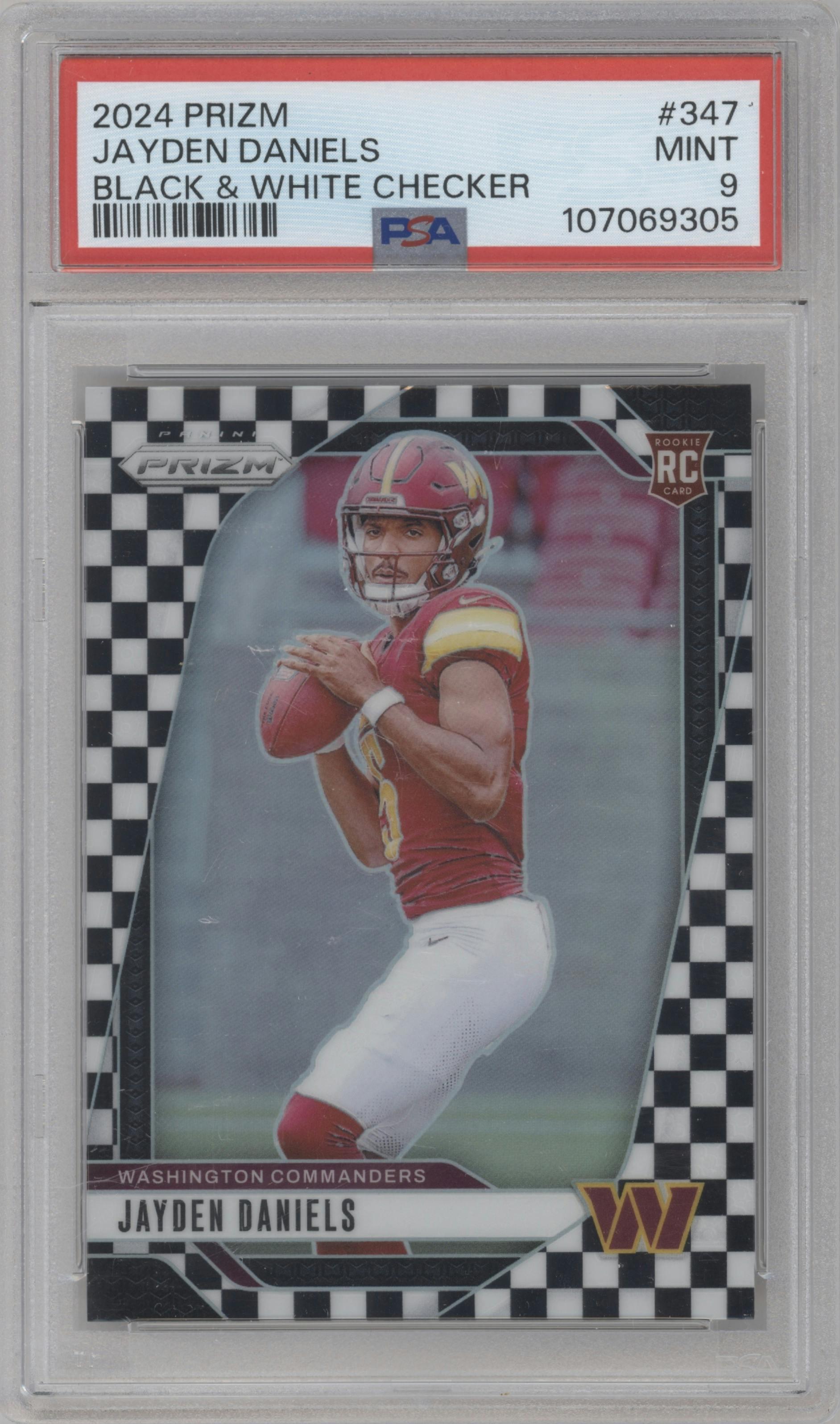 Jayden Daniels from the 2024 Panini Prizm set featuring a Black & White Checker parallel graded by PSA and given an overall grade of 9.