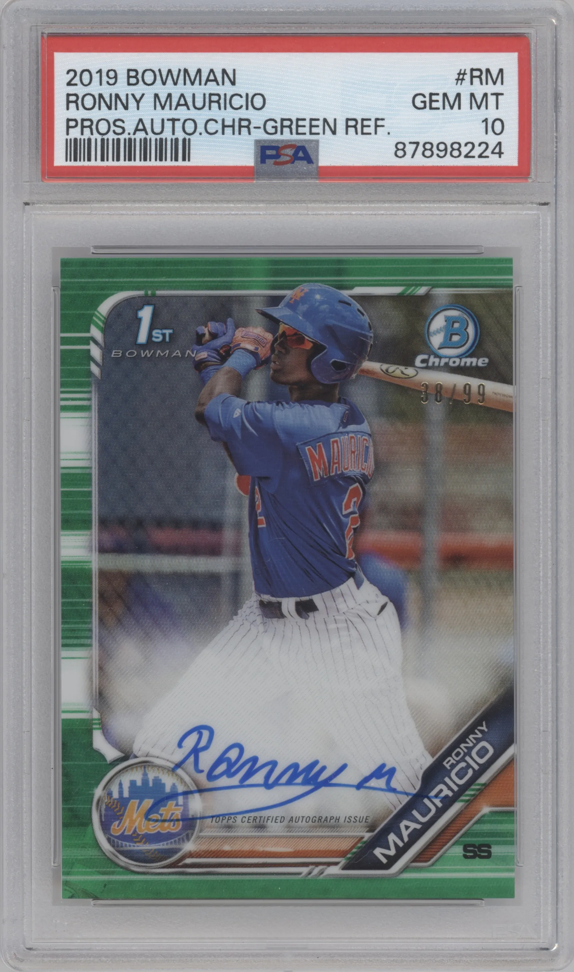 Ronny Mauricio from the 2019 Bowman  set featuring a Green Refractor parallel graded by PSA and given an overall grade of 10.