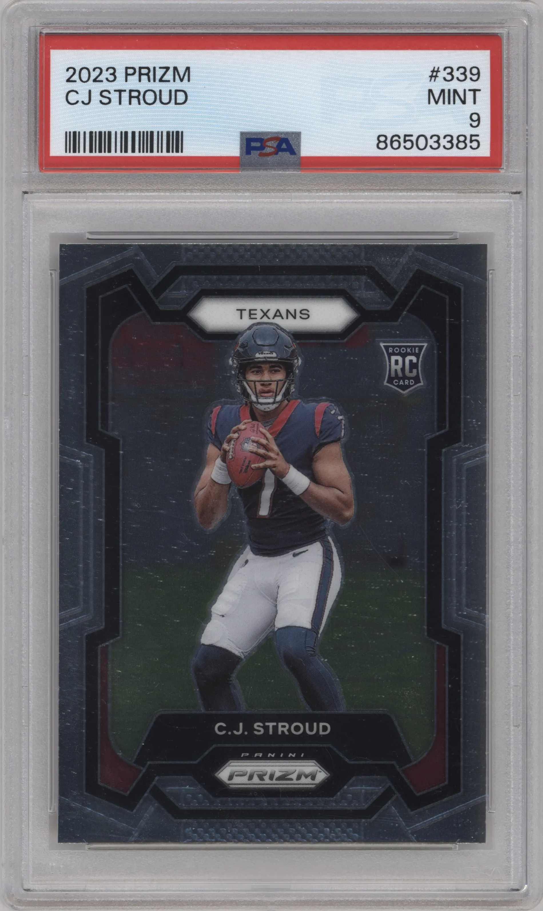 C.J. Stroud from the 2023 Panini Prizm set graded by PSA and given an overall grade of 9.