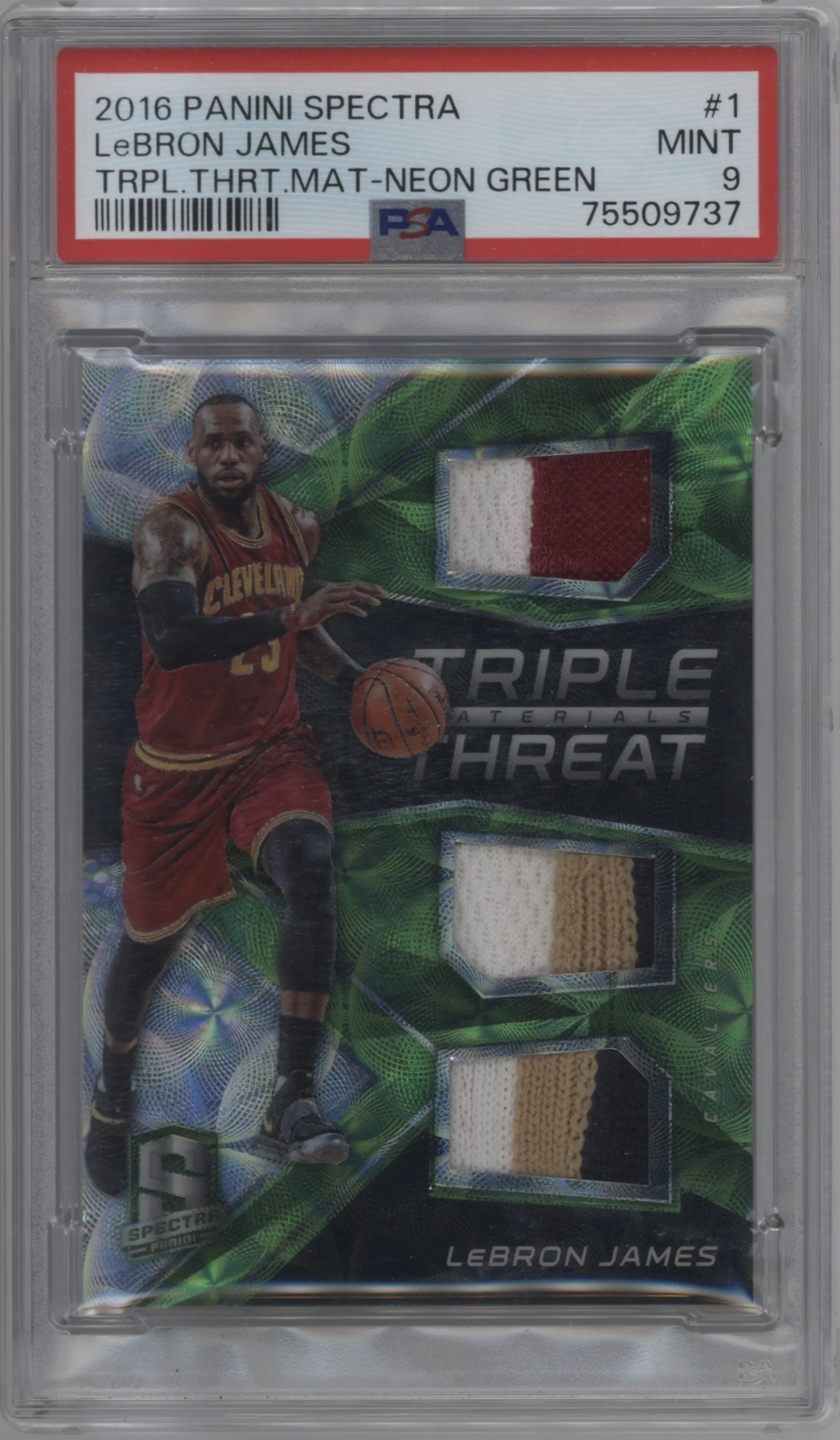 2016 Panini Spectra Triple Threat Mat. LeBron James Neon Green #1 PSA 9