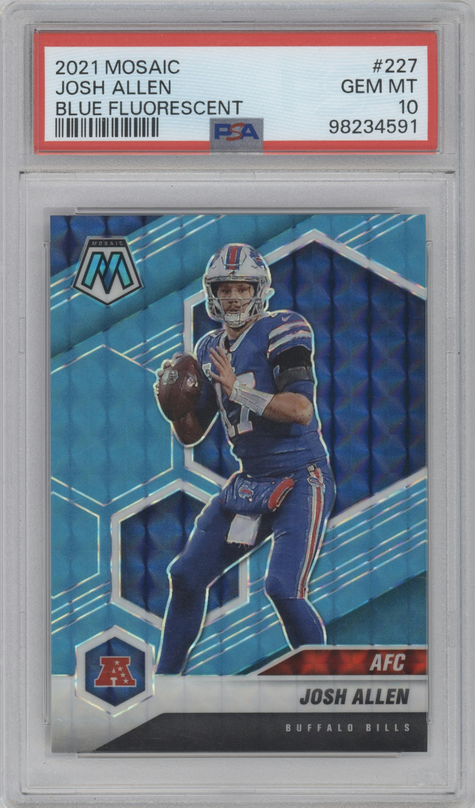 Josh Allen from the 2021 Panini Mosaic set featuring a Blue Fluorescent parallel graded by PSA and given an overall grade of 10.