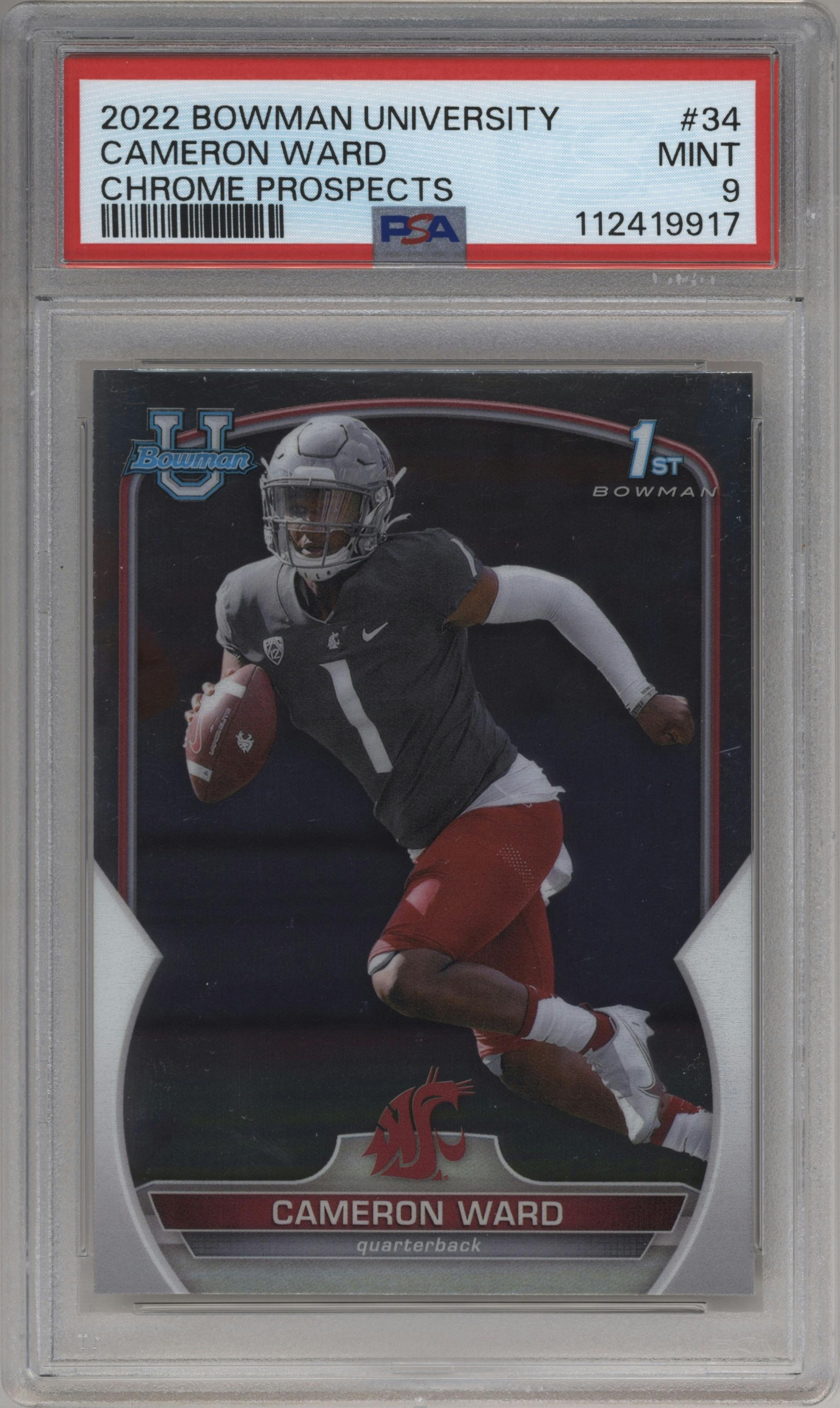 Cameron Ward from the 2022 Bowman University Chrome set graded by PSA and given an overall grade of 9.