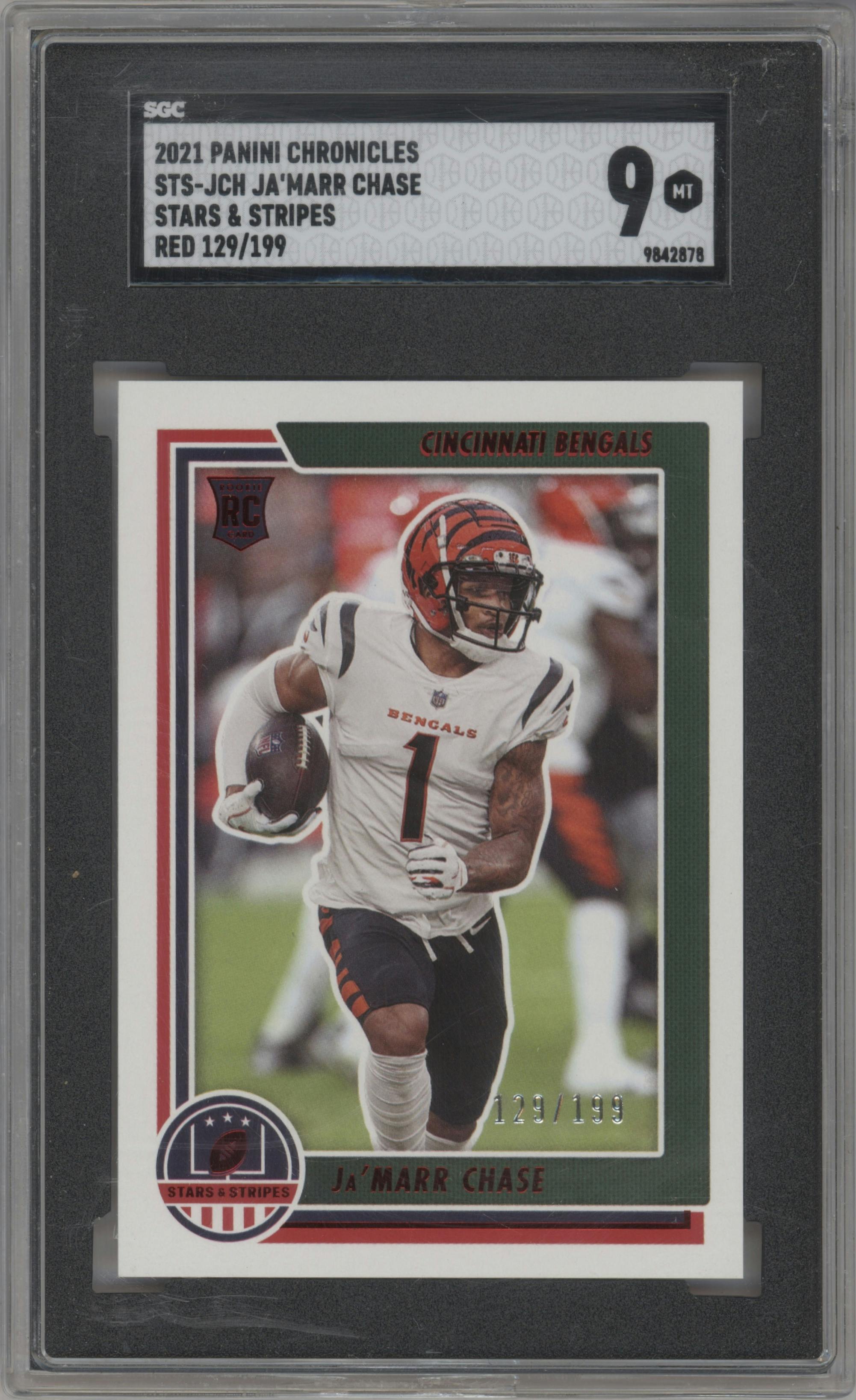 Ja'Marr Chase from the 2021 Panini Chronicles set featuring a Red parallel graded by SGC and given an overall grade of 9.