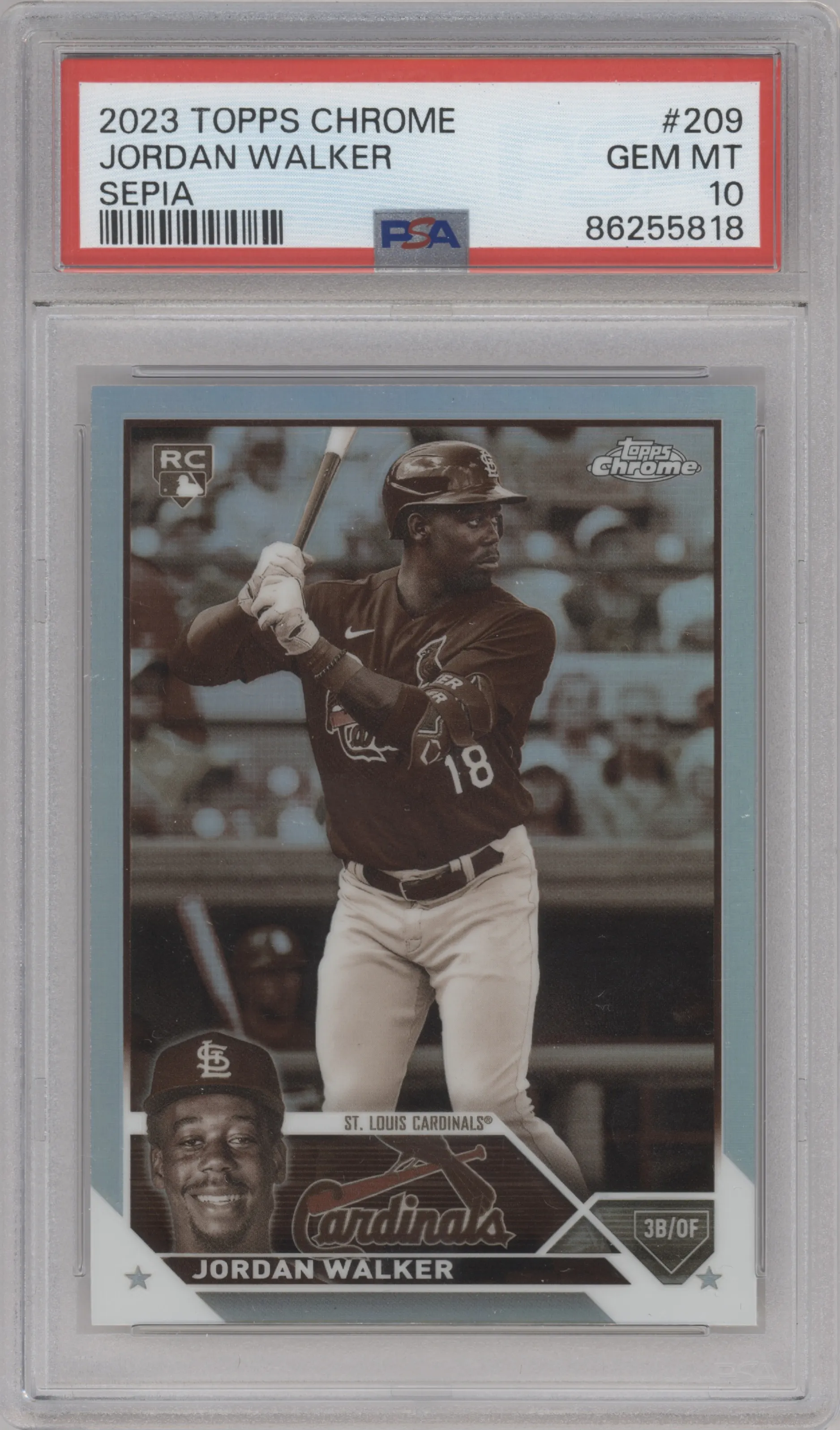 Jordan Walker from the 2023 Topps Chrome set featuring a Sepia Refractor parallel graded by PSA and given an overall grade of 10.