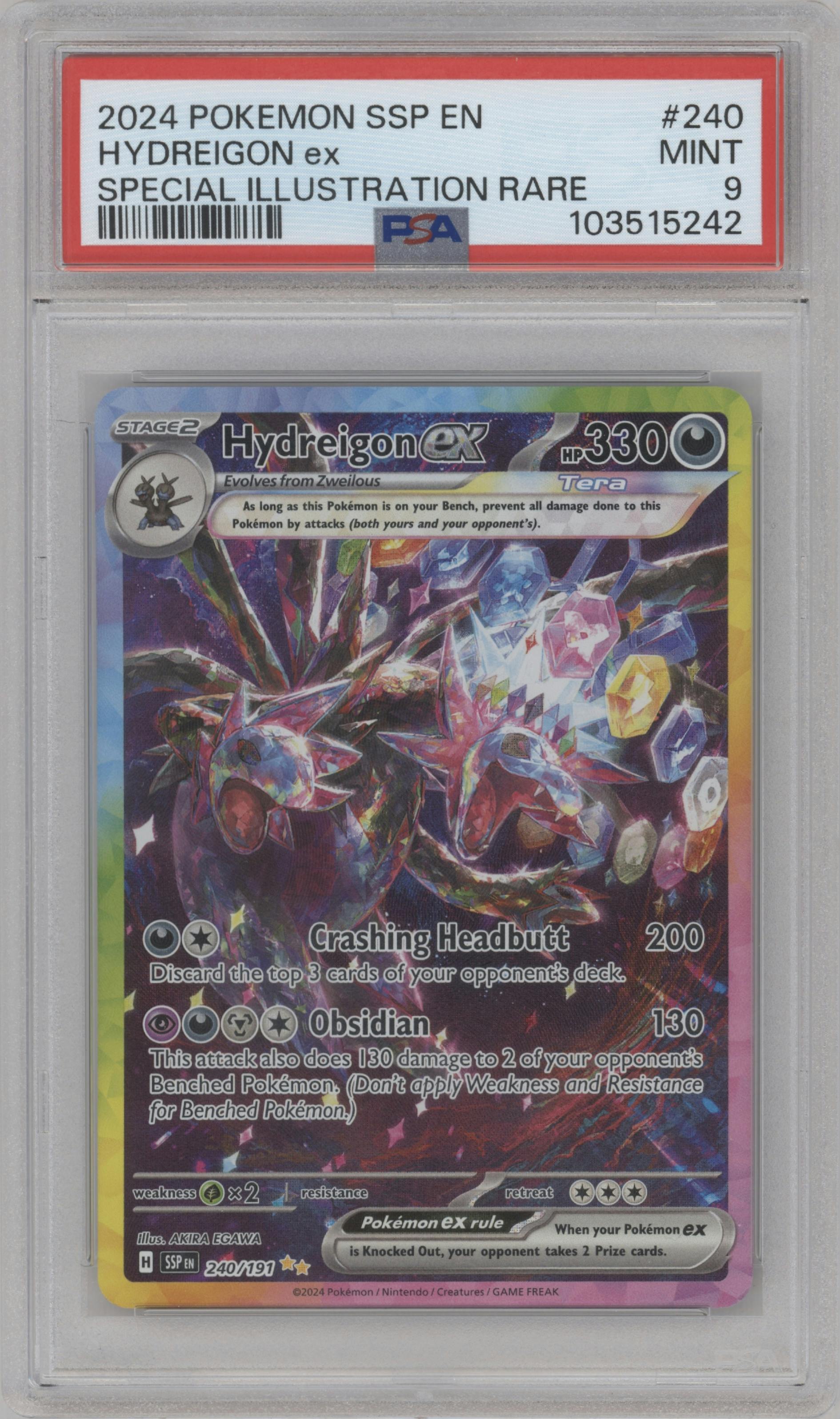 Hydreigon ex from the 2024 Pokemon SV set graded by PSA and given an overall grade of 9.