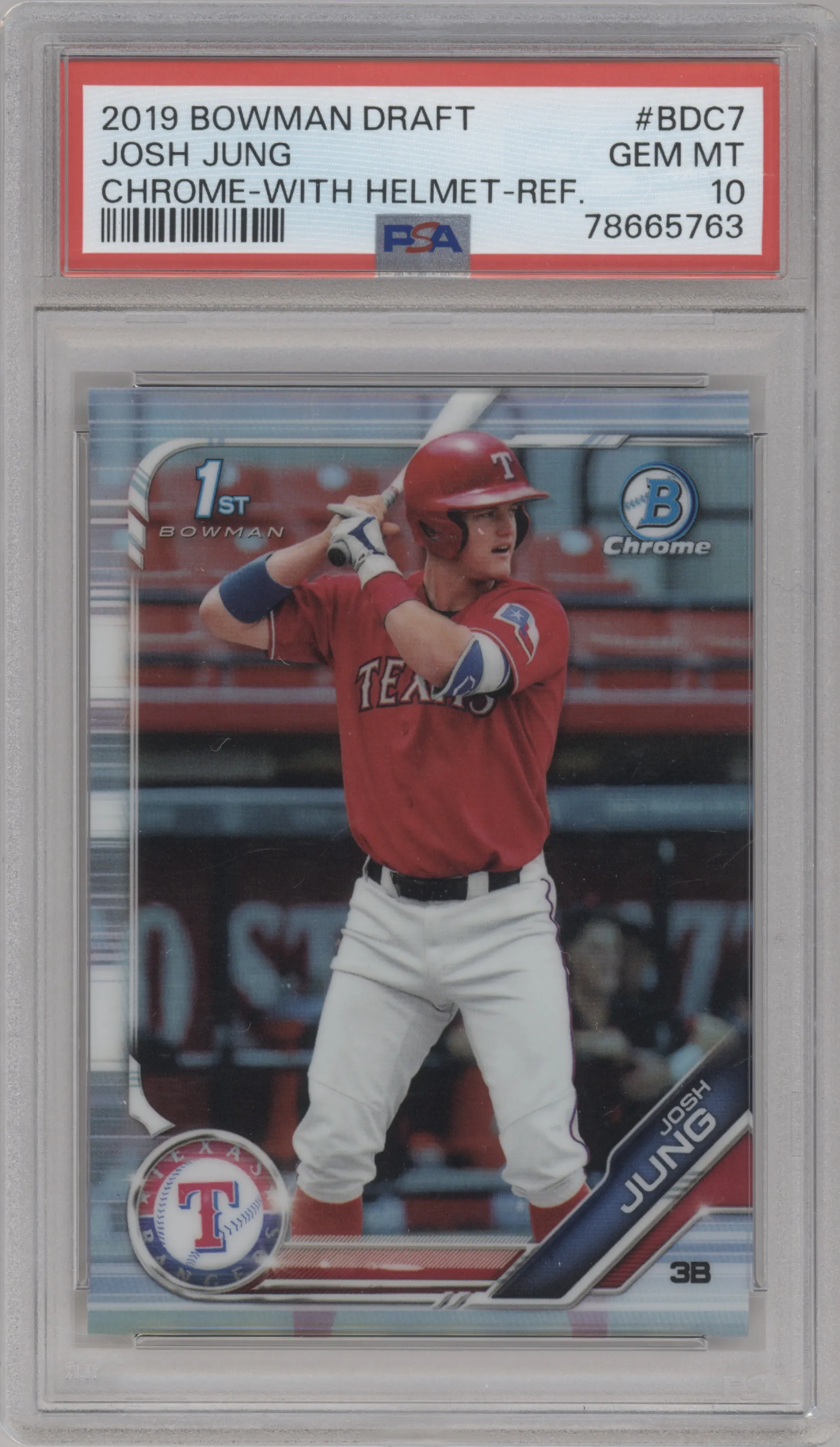 Josh Jung from the 2019 Bowman Draft set featuring a Refractor parallel graded by PSA and given an overall grade of 10.