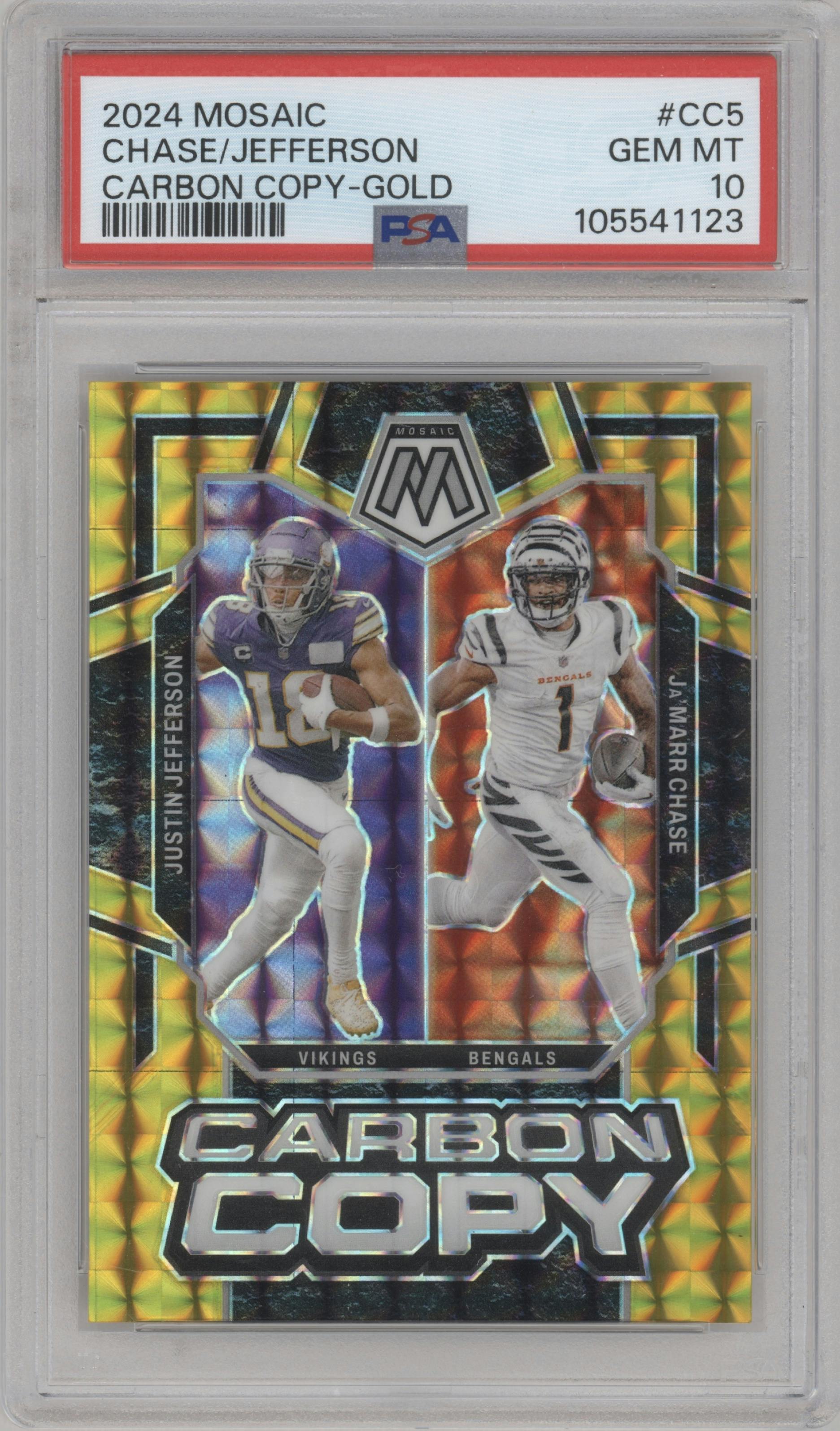 Ja'Marr Chase/Justin Jefferson from the 2024 Panini Mosaic set featuring a Gold parallel graded by PSA and given an overall grade of 10.