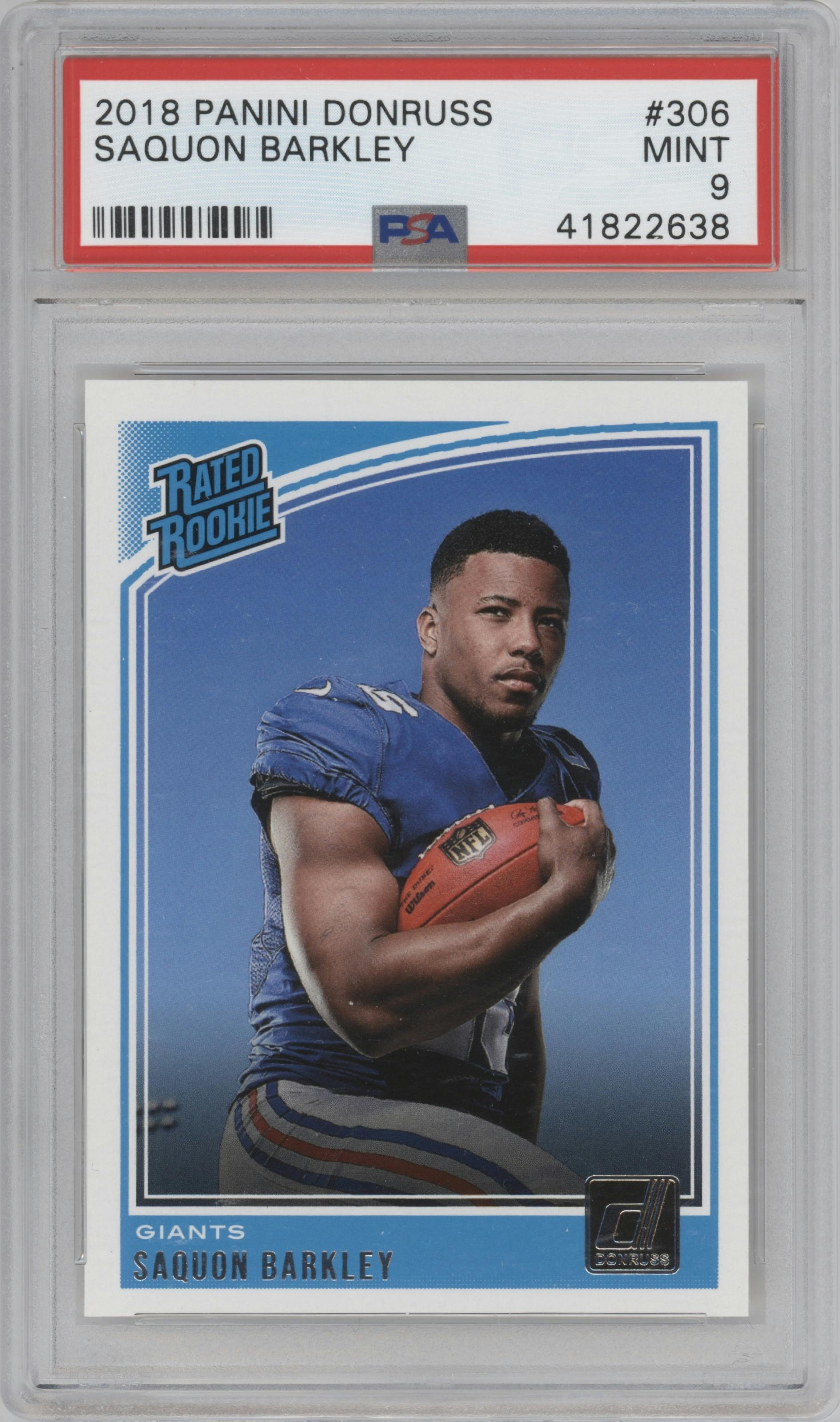 Saquon Barkley from the 2018 Panini Donruss set graded by PSA and given an overall grade of 9.