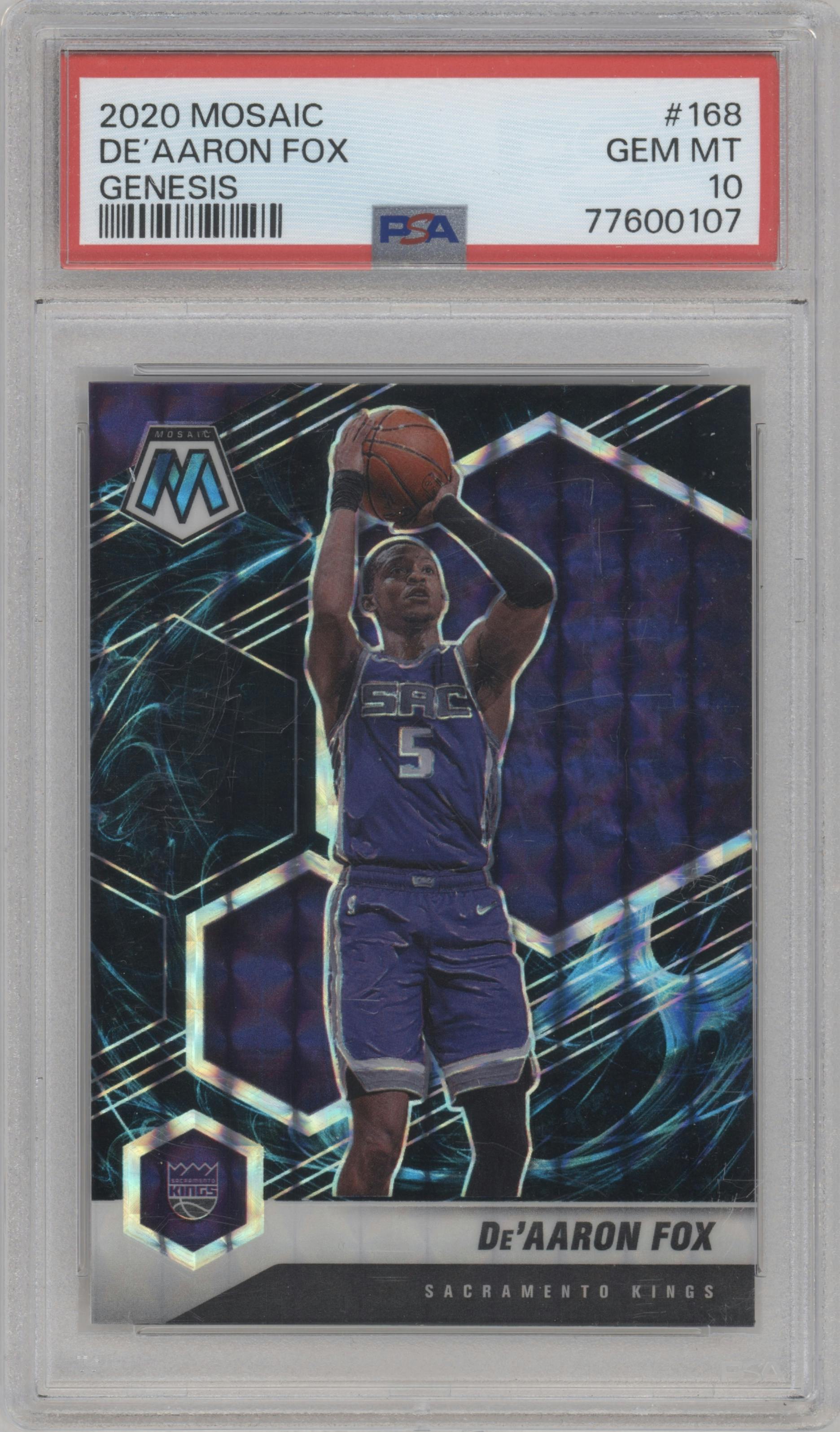 De'Aaron Fox from the 2020-21 Panini Mosaic set featuring a Genesis  parallel graded by PSA and given an overall grade of 10.