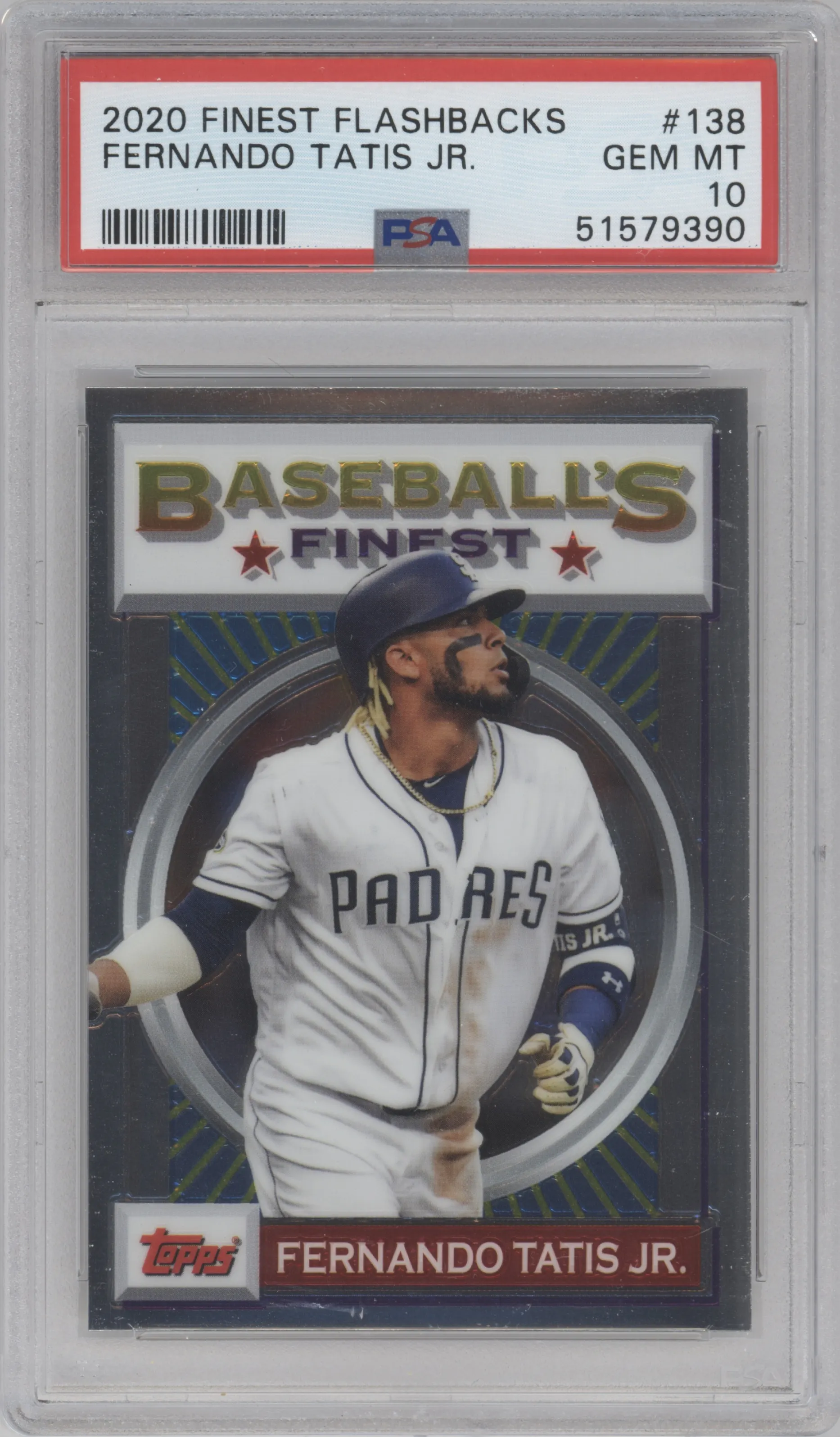 Fernando Tatis Jr. from the 2020 Topps Finest Flashbacks set graded by PSA and given an overall grade of 10.