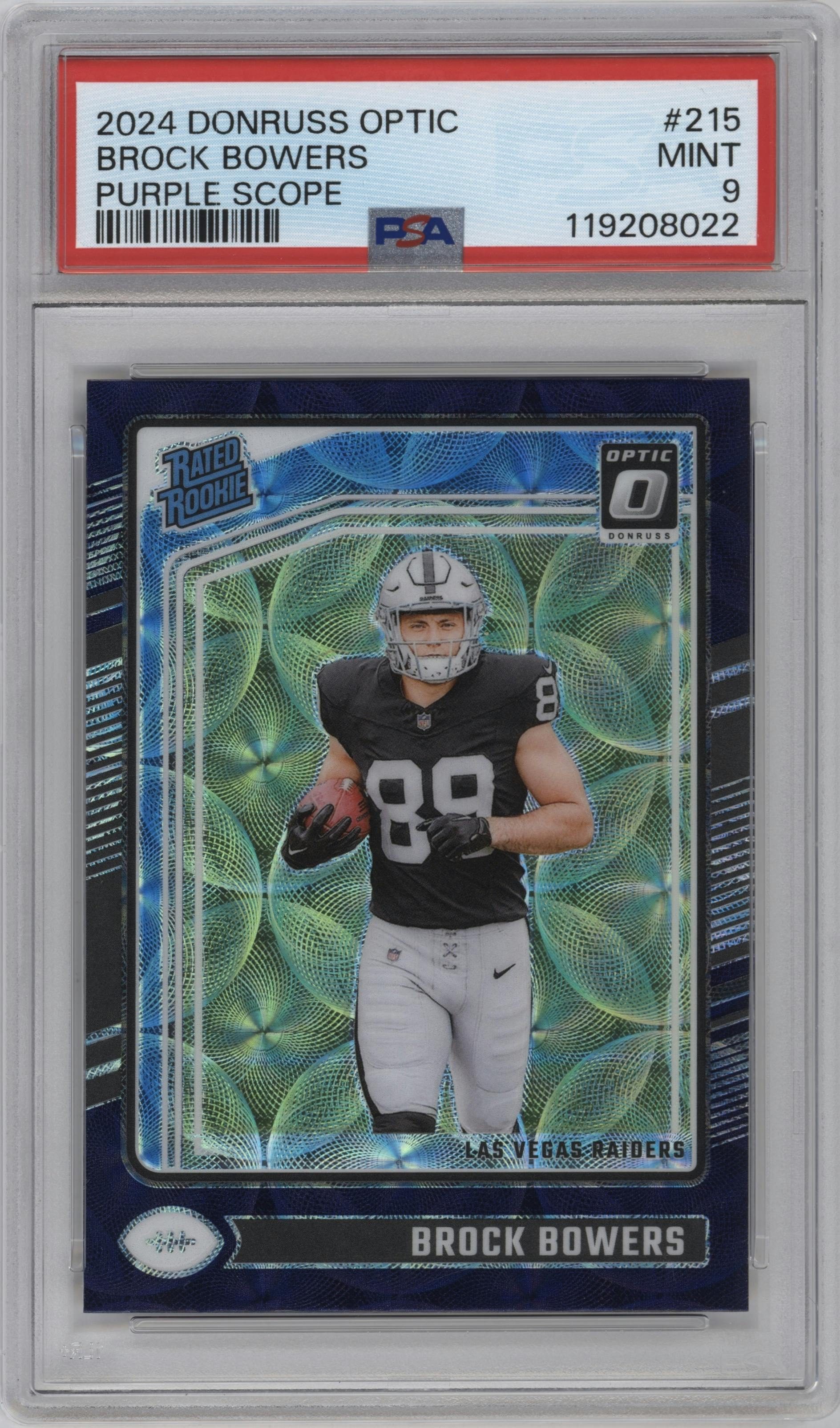 Brock Bowers from the 2024 Donruss Optic set featuring a Purple Scope parallel graded by PSA and given an overall grade of 9.
