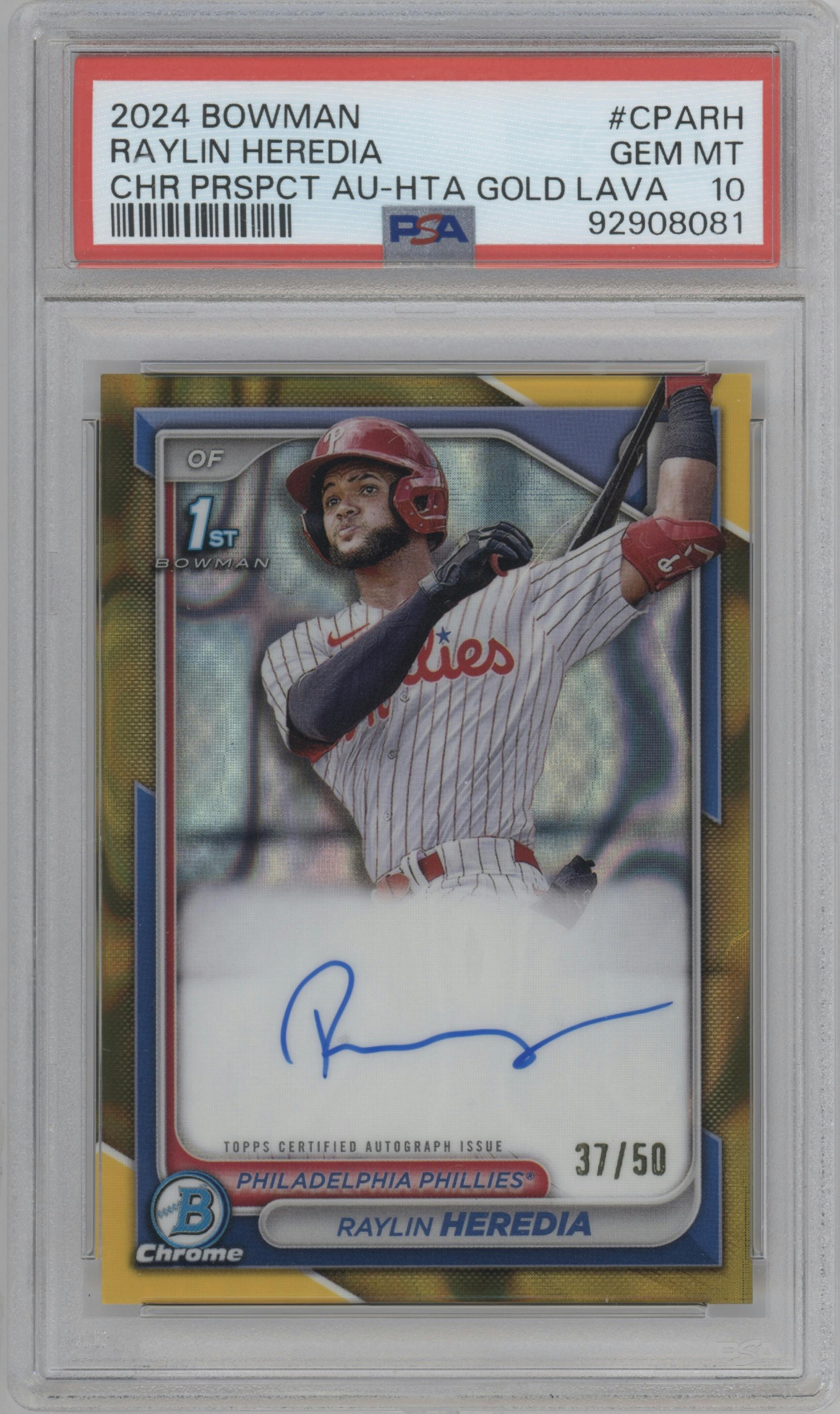Raylin Heredia from the 2024 Bowman set featuring a HTA Gold Lava Refractor parallel graded by PSA and given an overall grade of 10.