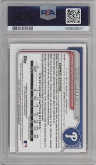 Raylin Heredia from the 2024 Bowman set featuring a HTA Gold Lava Refractor parallel graded by PSA and given an overall grade of 10.