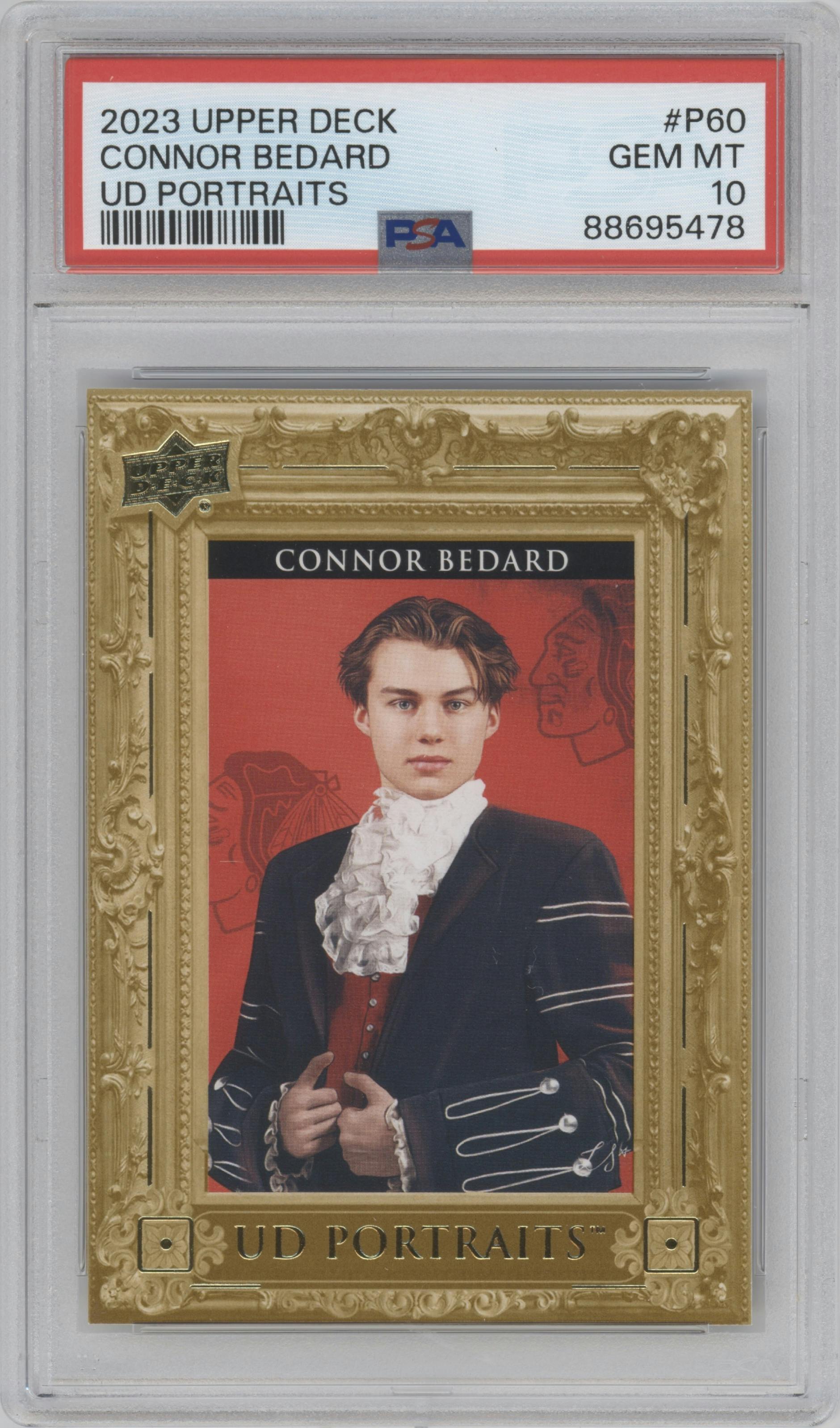 Connor Bedard from the 2023-24 Upper Deck Series 2 set graded by PSA and given an overall grade of 10.