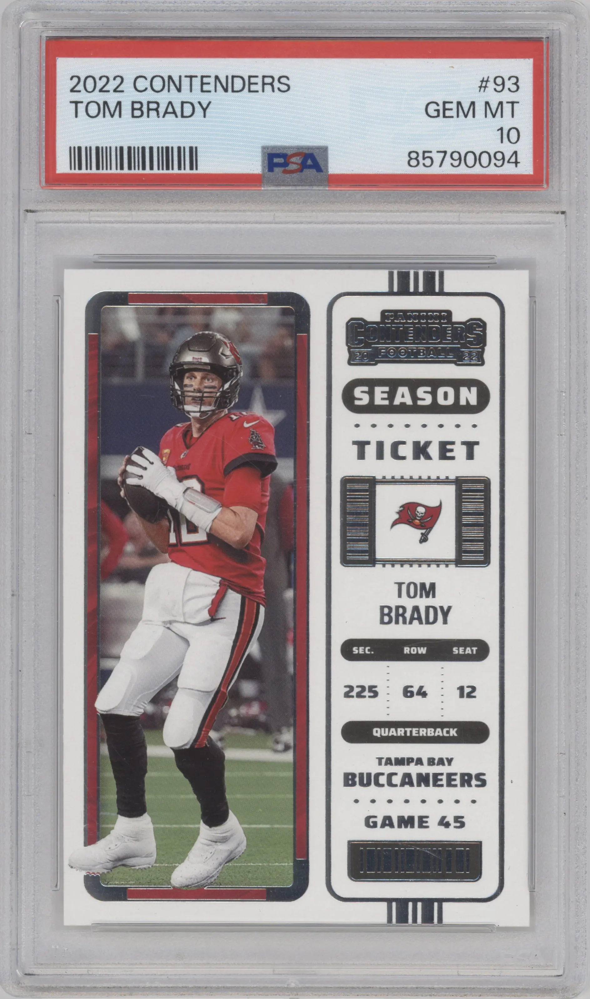 Tom Brady from the 2022 Panini Contenders set graded by PSA and given an overall grade of 10.
