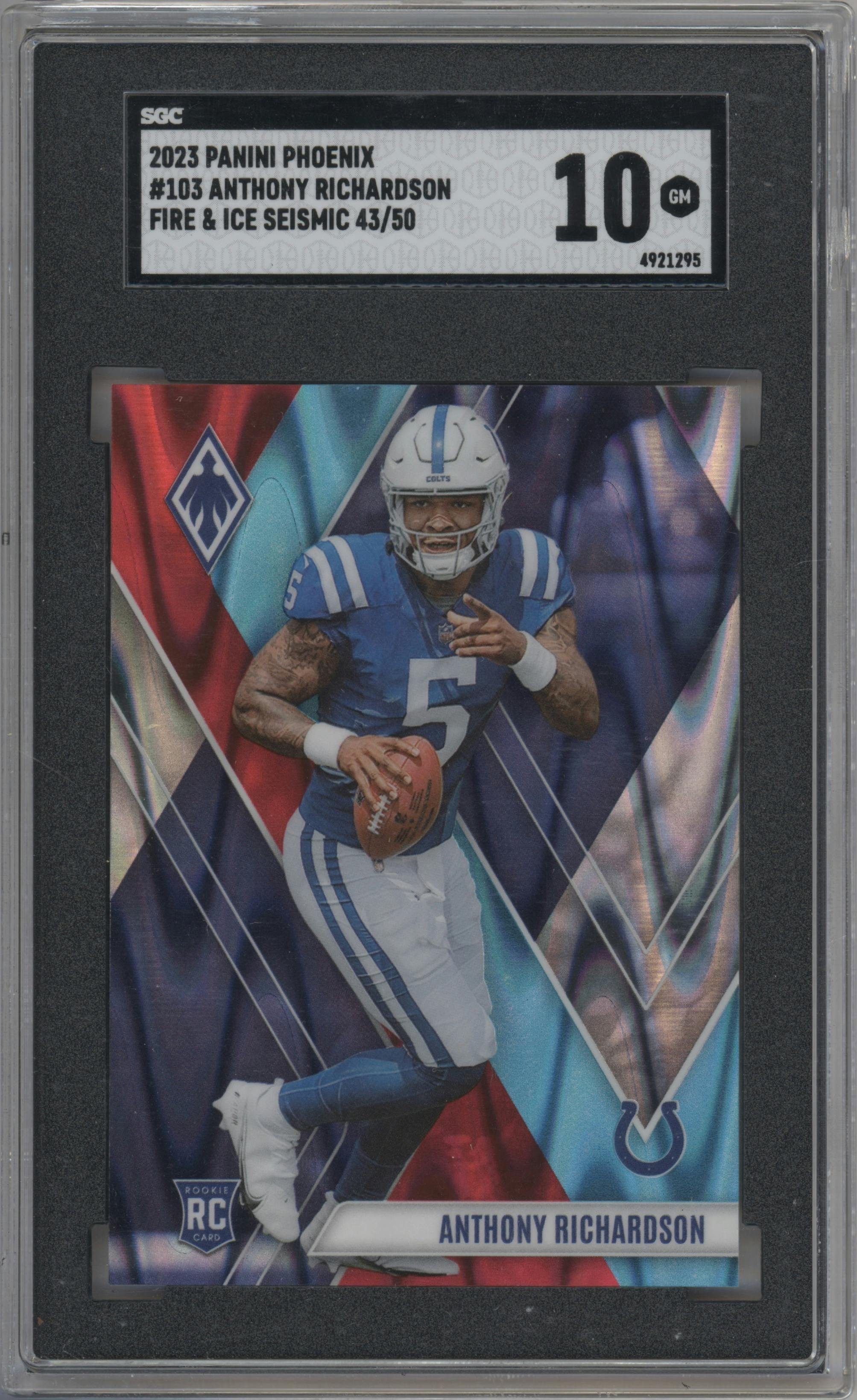 Anthony Richardson from the 2023 Panini Phoenix set featuring a Fire and Ice Seismic parallel graded by SGC and given an overall grade of 10.