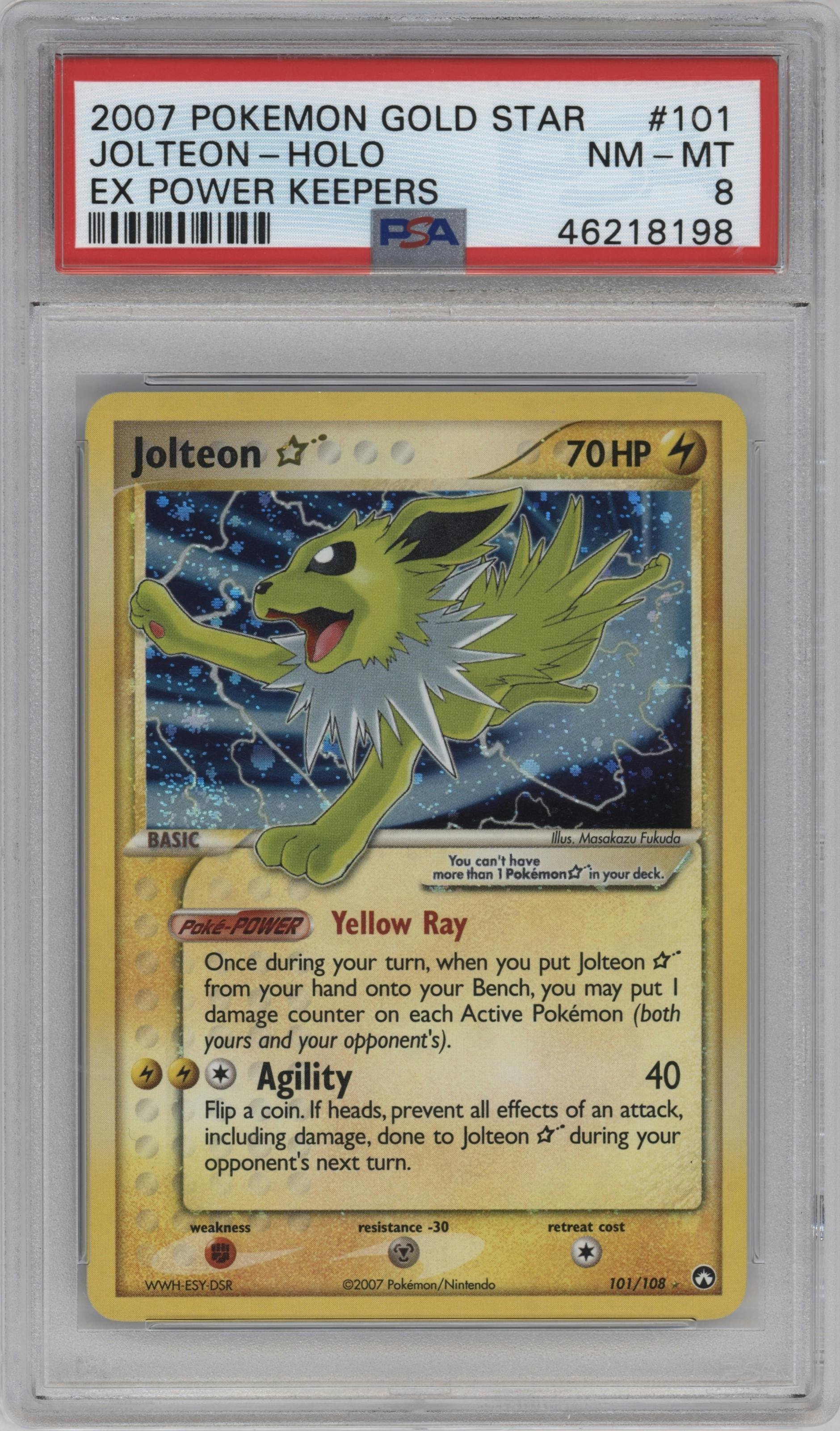 Jolteon Gold Star from the 2007 Pokemon EX set graded by PSA and given an overall grade of 8.