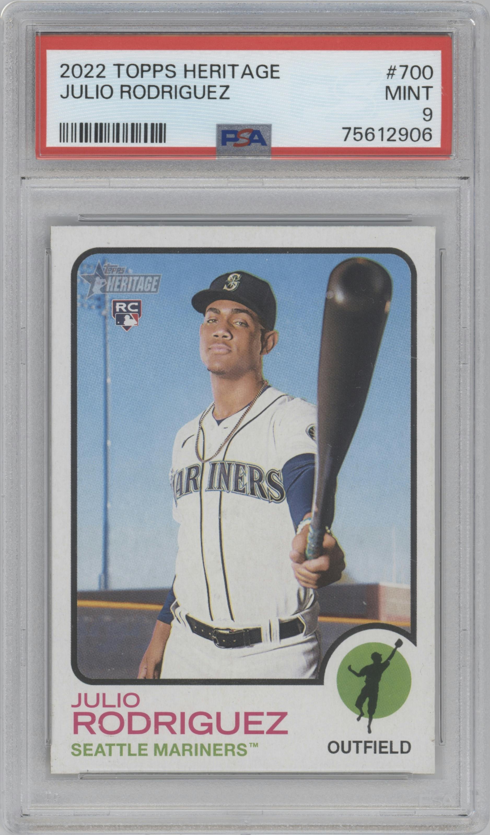 Julio Rodriguez from the 2022 Topps Heritage High Number set graded by PSA and given an overall grade of 9.
