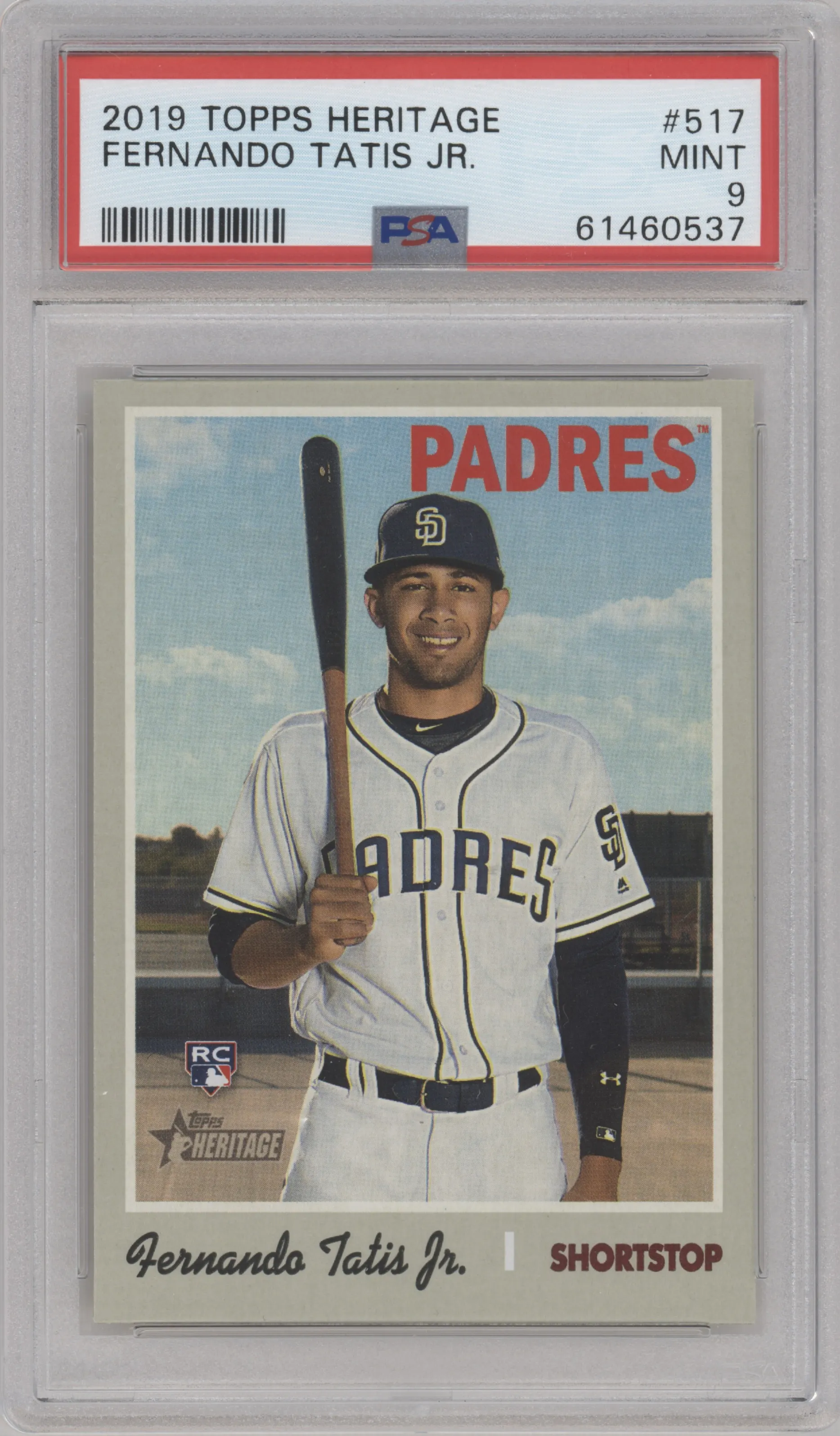 Fernando Tatis Jr. from the 2019 Topps Heritage HN set graded by PSA and given an overall grade of 9.