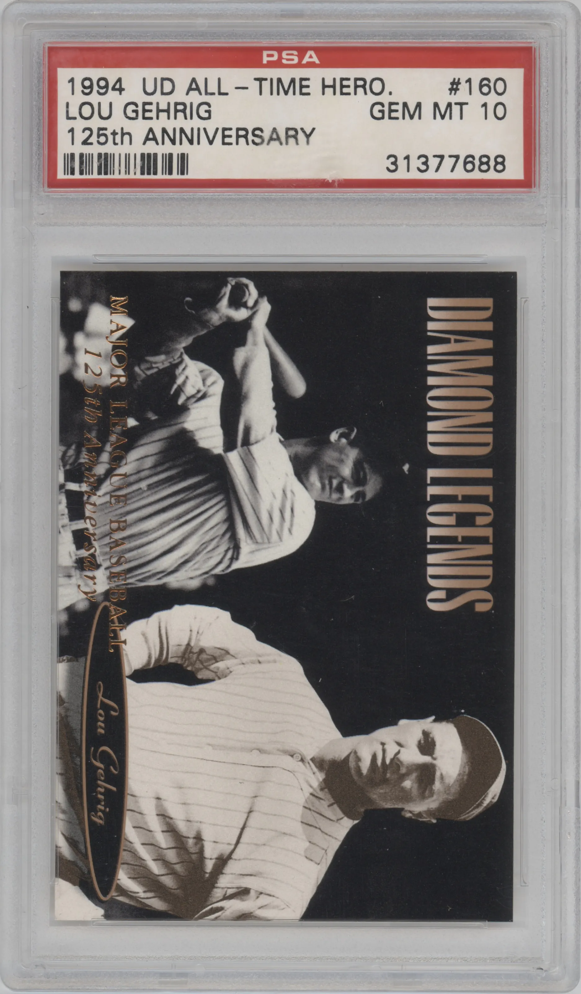 Lou Gehrig from the 1994 Upper Deck All-Time Heroes set featuring a 125th Anniversary parallel graded by PSA and given an overall grade of 10.