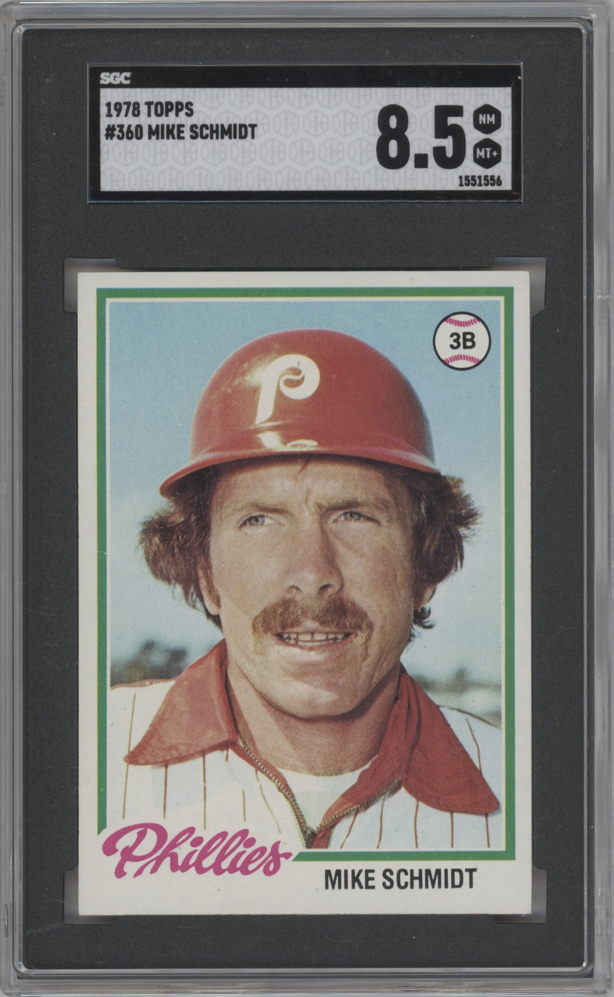 Mike Schmidt from the 1978 Topps set graded by SGC and given an overall grade of 8.5.