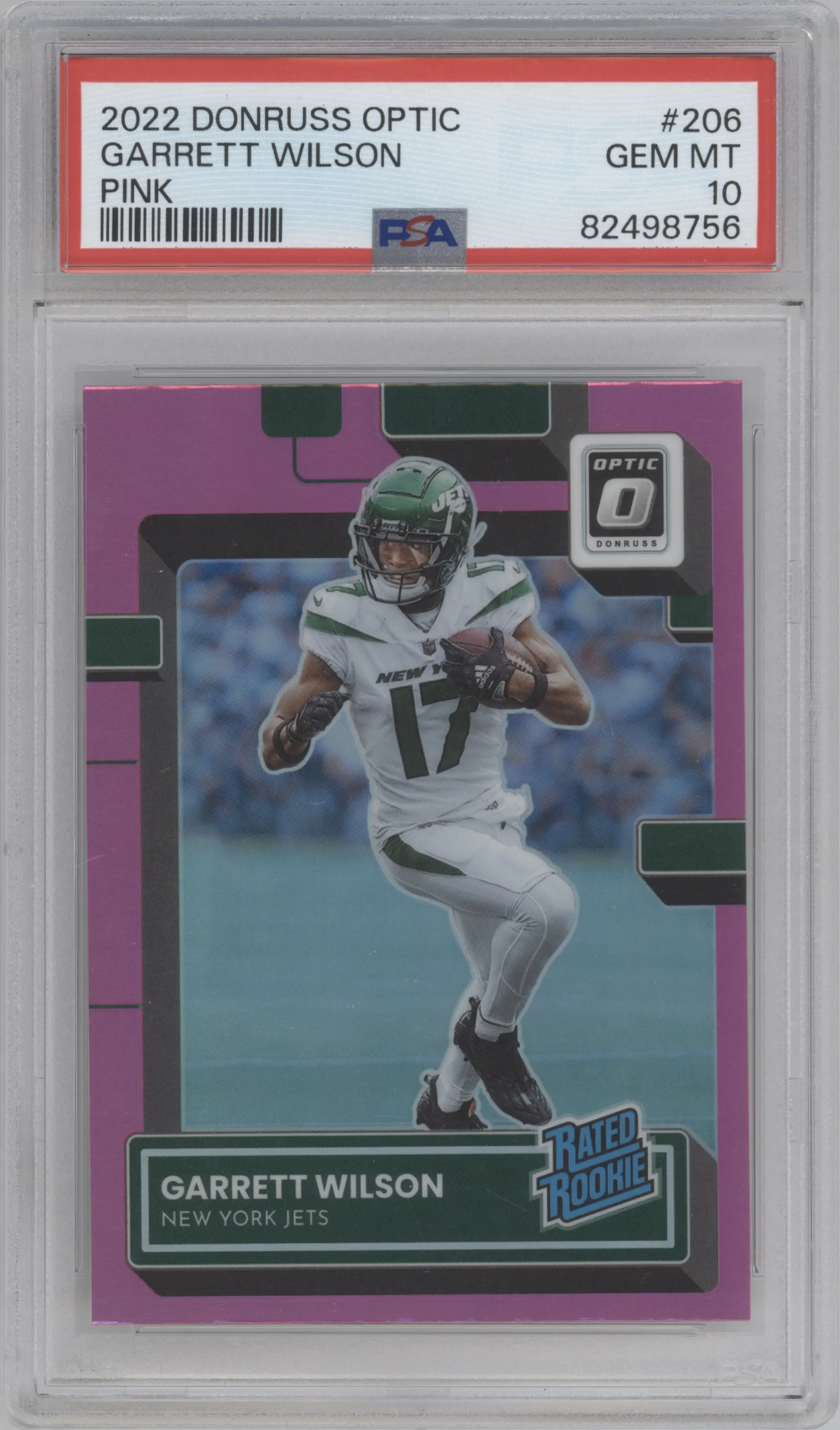 Garrett Wilson from the 2022 Panini Donruss Optic set featuring a Pink parallel graded by PSA and given an overall grade of 10.