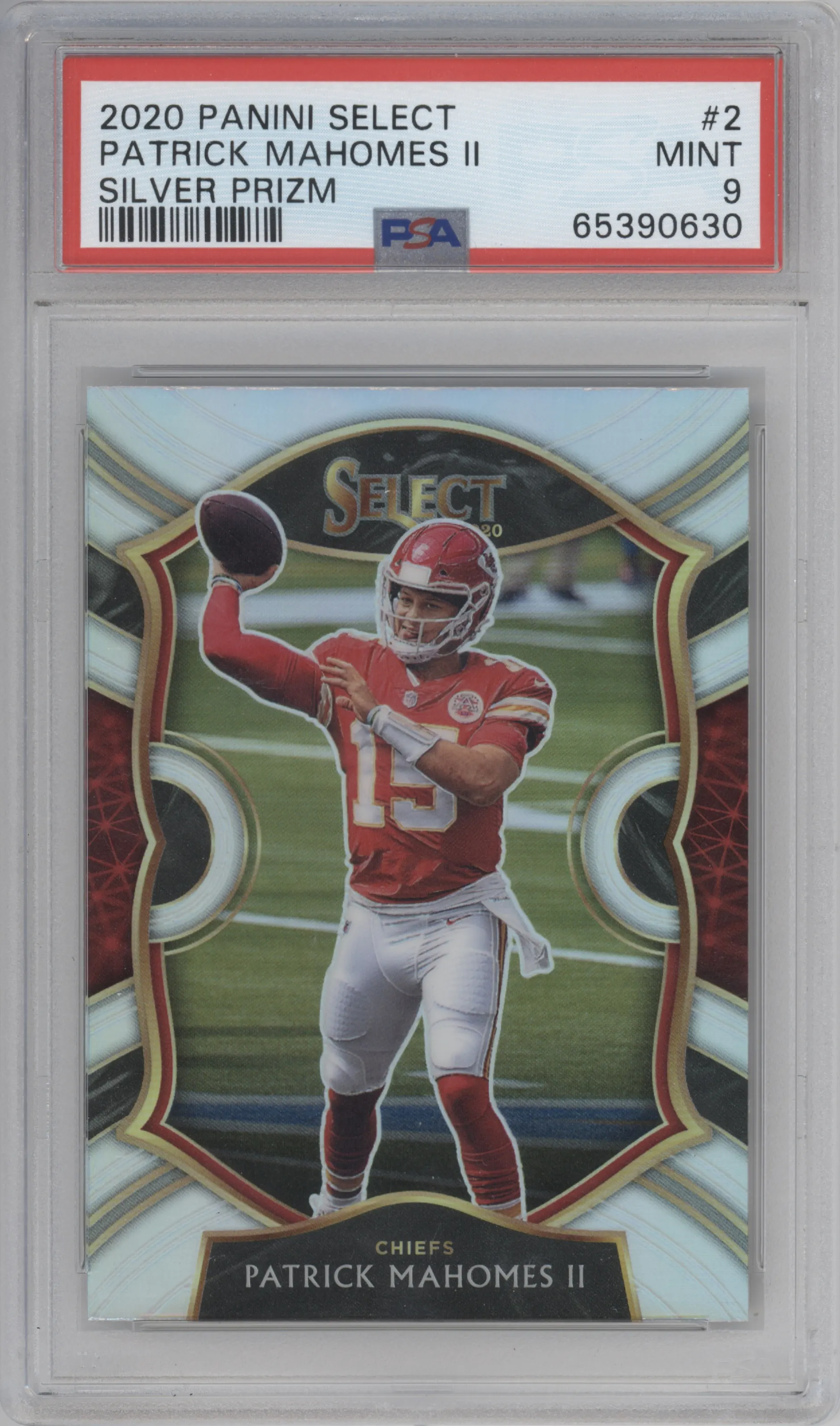 Patrick Mahomes II from the 2020 Panini Select set featuring a Silver Prizm parallel graded by PSA and given an overall grade of 9.