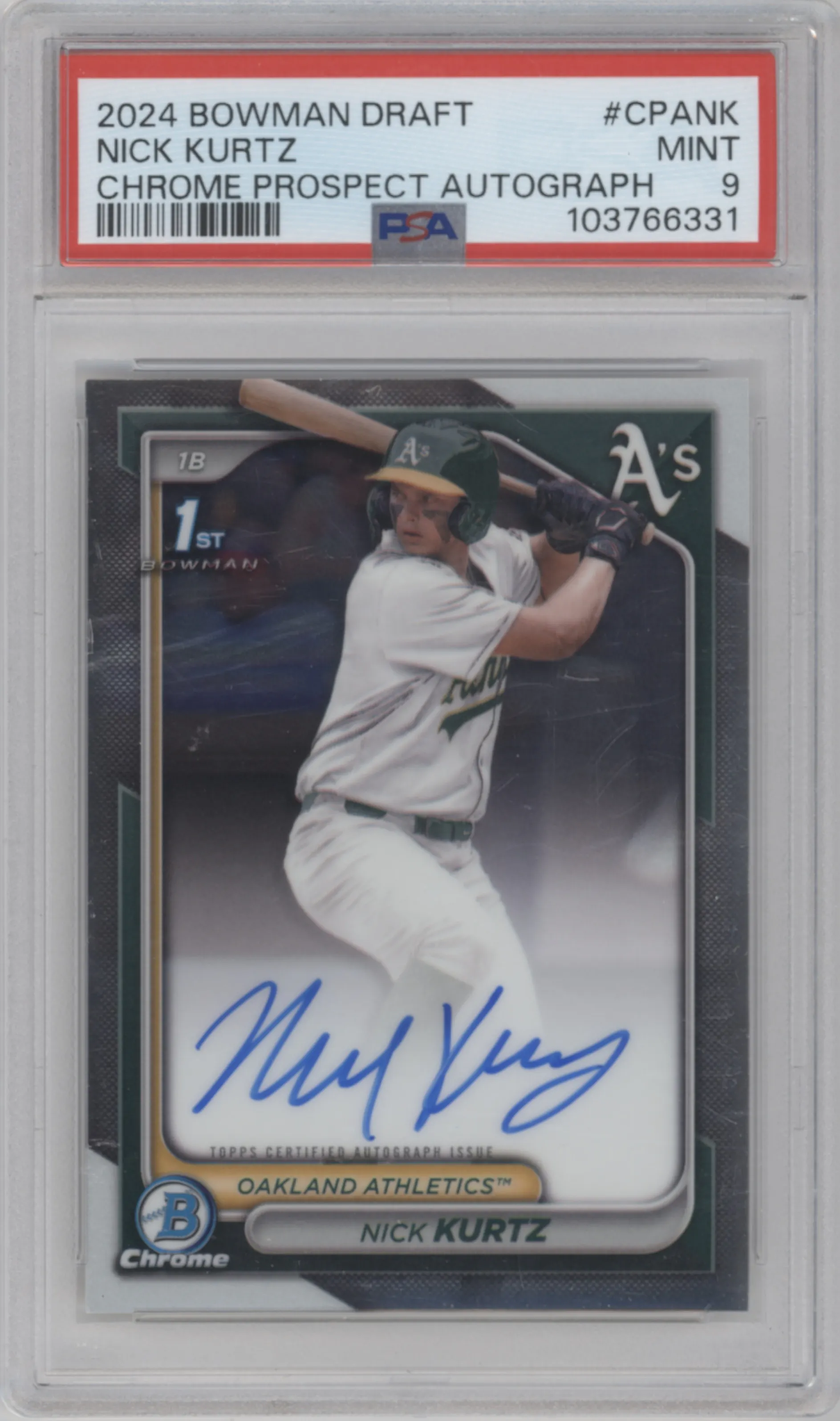 Nick Kurtz from the 2024 Bowman Draft set graded by PSA and given an overall grade of 9.