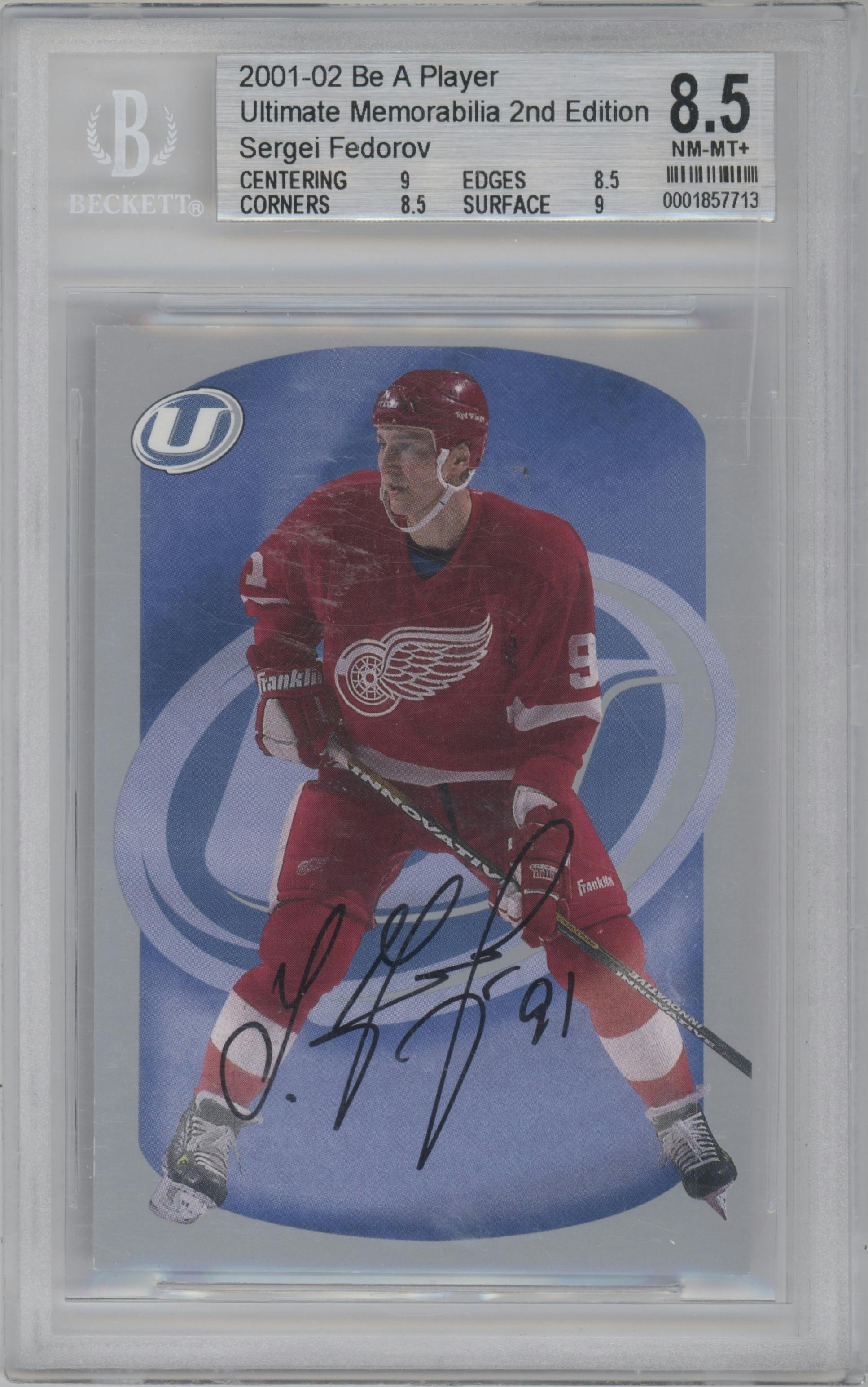 Sergei Fedorov from the 2001-02 Be A Player Ultimate Memorabilia set graded by Beckett and given an overall grade of 8.5.