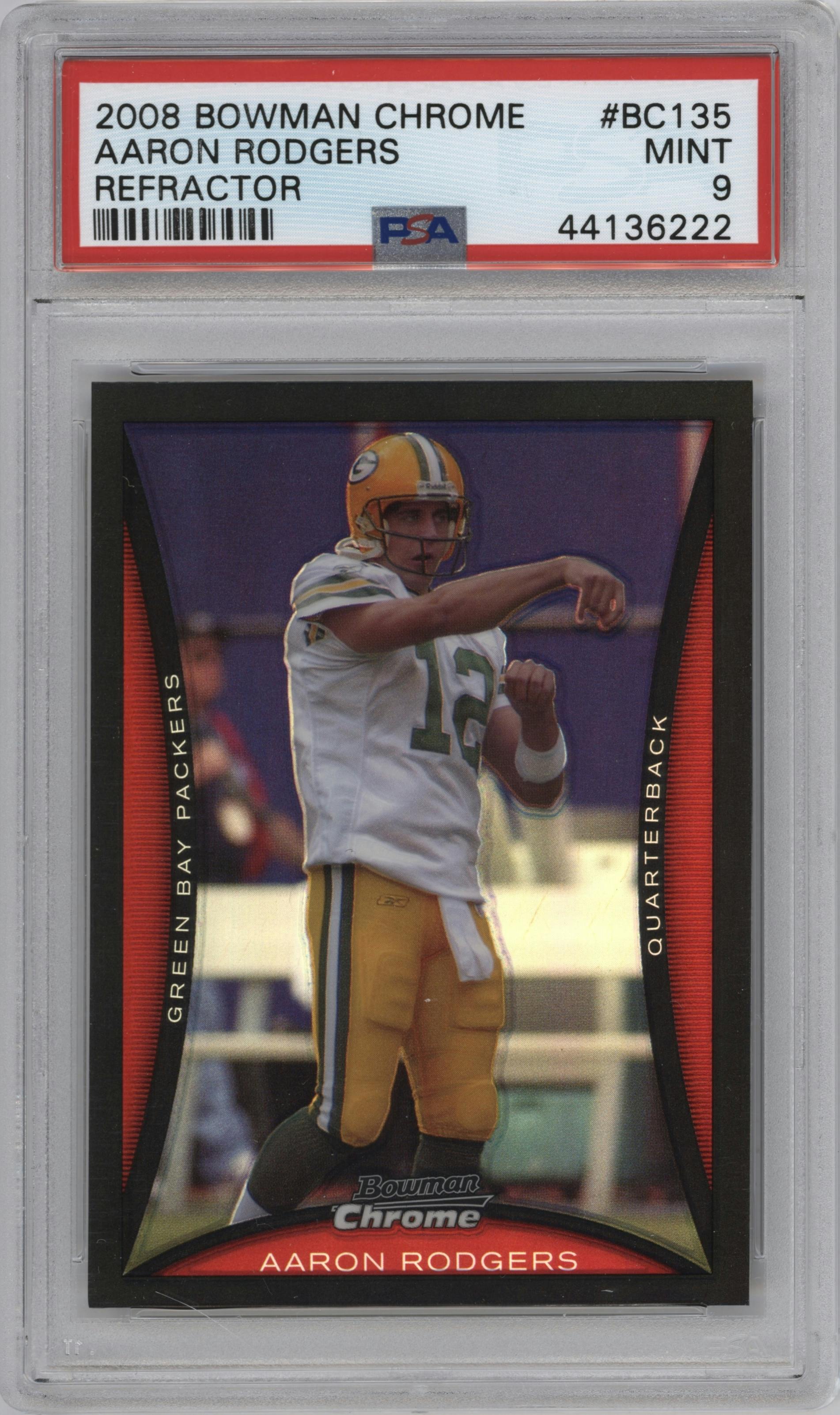 Aaron Rodgers from the 2008 Bowman Chrome set featuring a Refractor parallel graded by PSA and given an overall grade of 9.