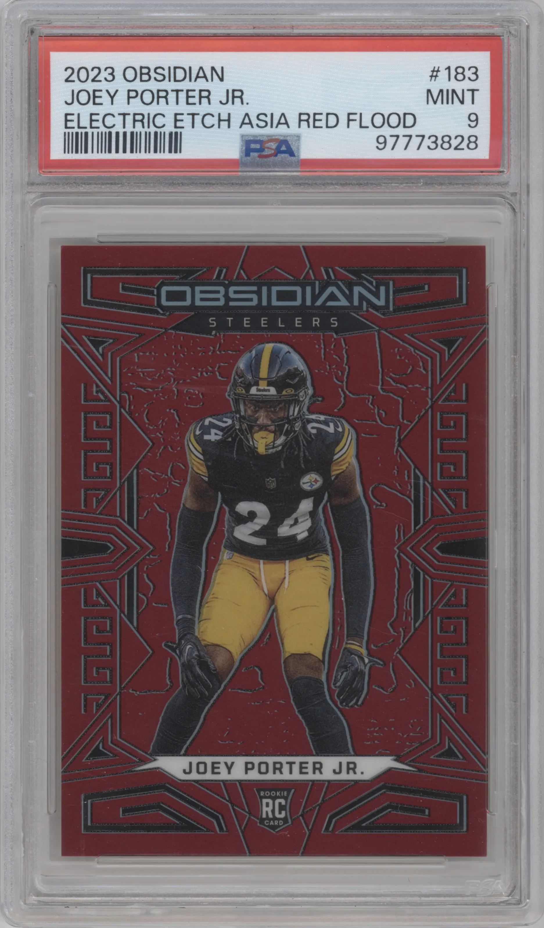 Joey Porter Jr. from the 2023 Panini Obsidian set featuring a Electric Etch Asia Red Flood parallel graded by PSA and given an overall grade of 9.