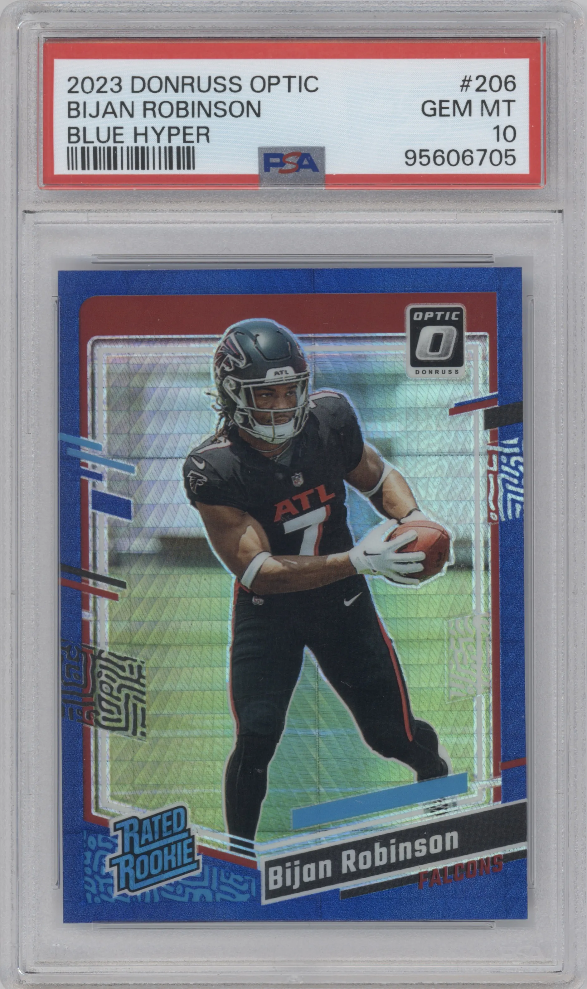 Bijan Robinson from the 2023 Donruss Optic set featuring a Hyper Blue parallel graded by PSA and given an overall grade of 10.