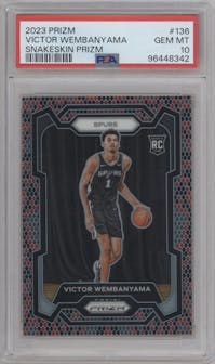 Victor Wembanyama from the 2023-24 Panini Prizm set featuring a Snakeskin parallel graded by PSA and given an overall grade of 10.