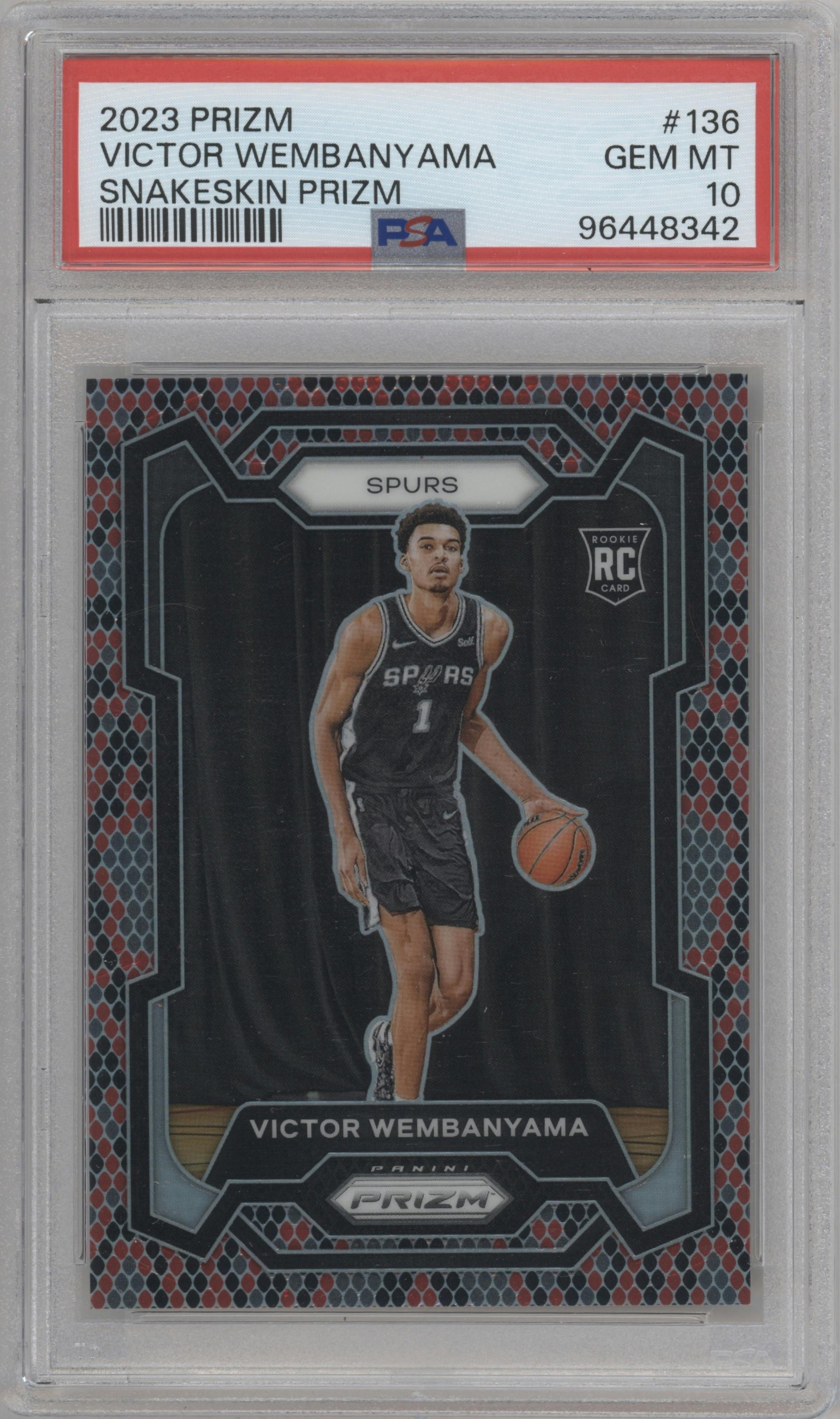 Victor Wembanyama from the 2023-24 Panini Prizm set featuring a Snakeskin parallel graded by PSA and given an overall grade of 10.