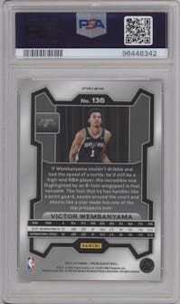 Victor Wembanyama from the 2023-24 Panini Prizm set featuring a Snakeskin parallel graded by PSA and given an overall grade of 10.