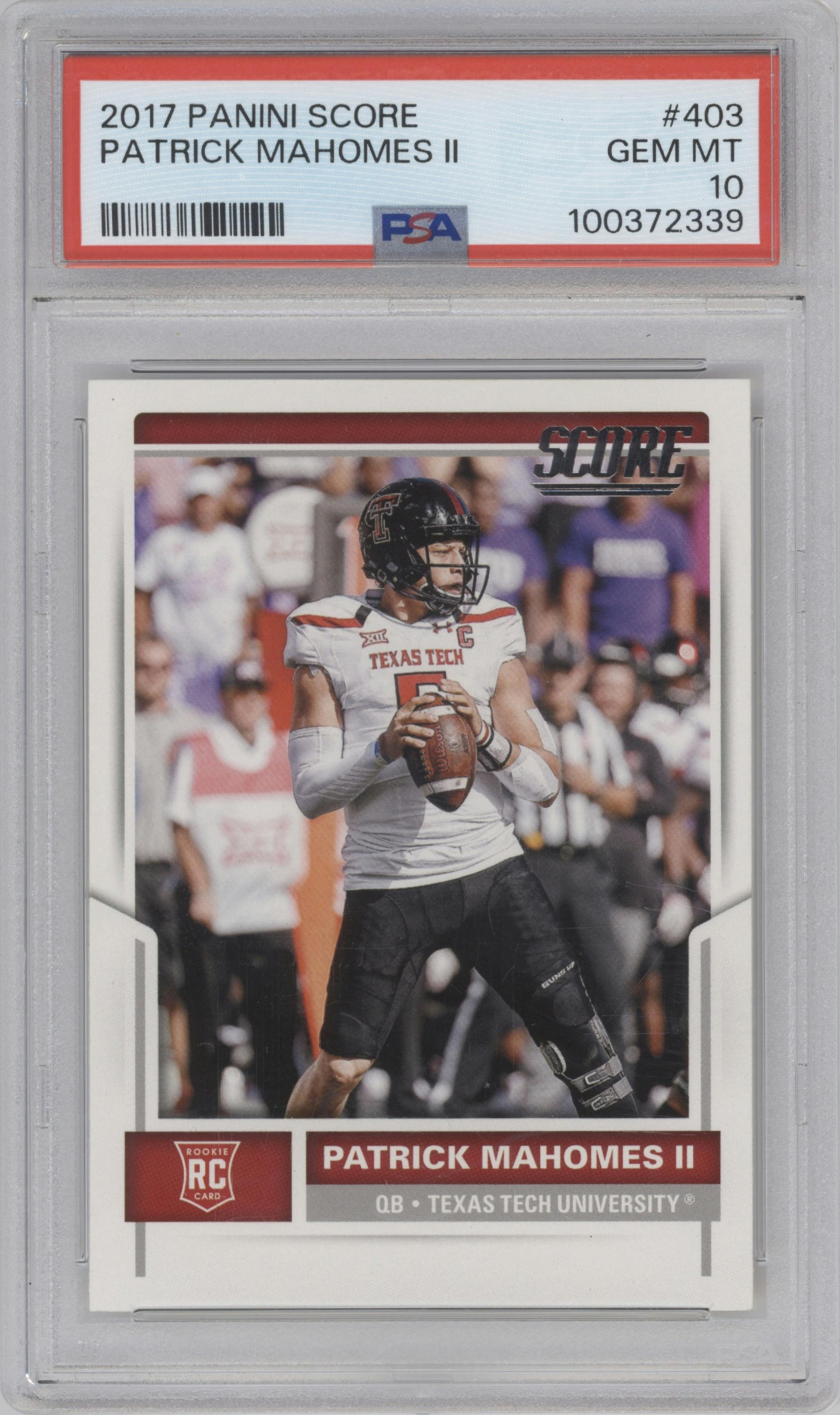 Patrick Mahomes II from the 2017 Panini Score set graded by PSA and given an overall grade of 10.